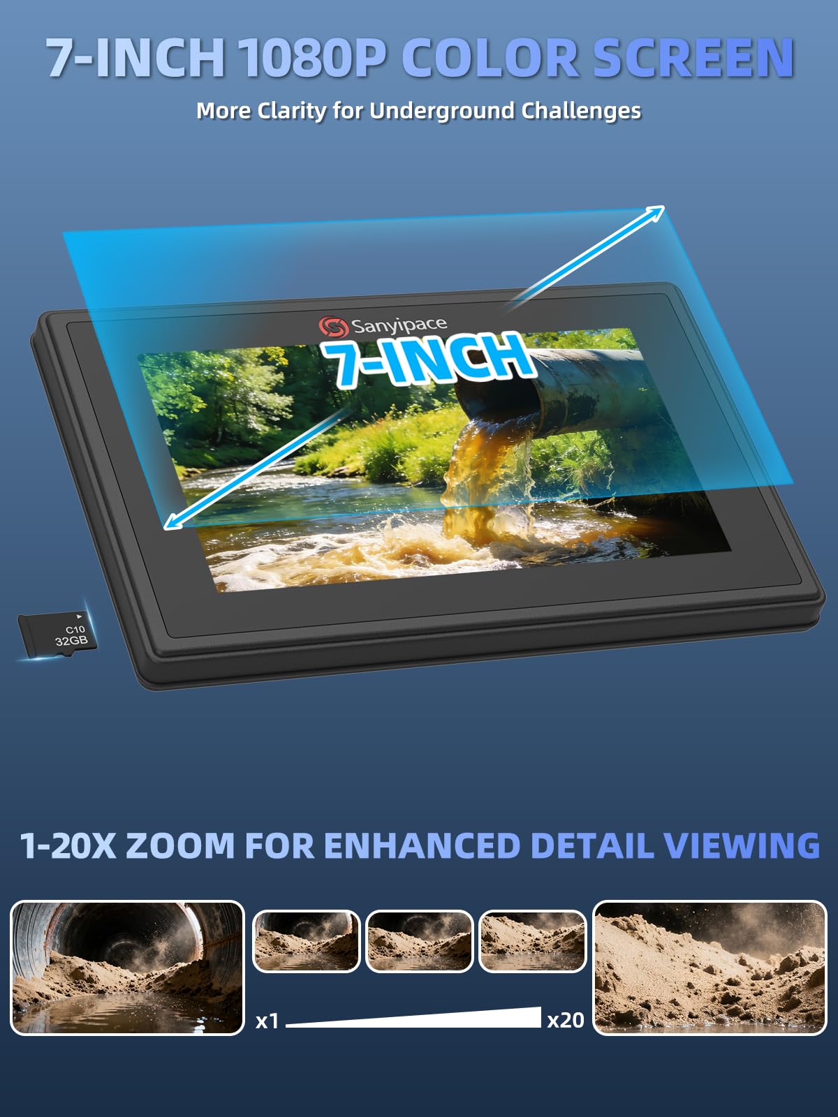 Sanyipace Sewer Camera 66FT/20M,7" IPS Pop-up Screen,20X Digital Zoom,Waterproof Drain Camera with Distance Counter,Plumbing Camera with MIC & Speaker,32GB Card for Sewer Line Plumbing Inspection
