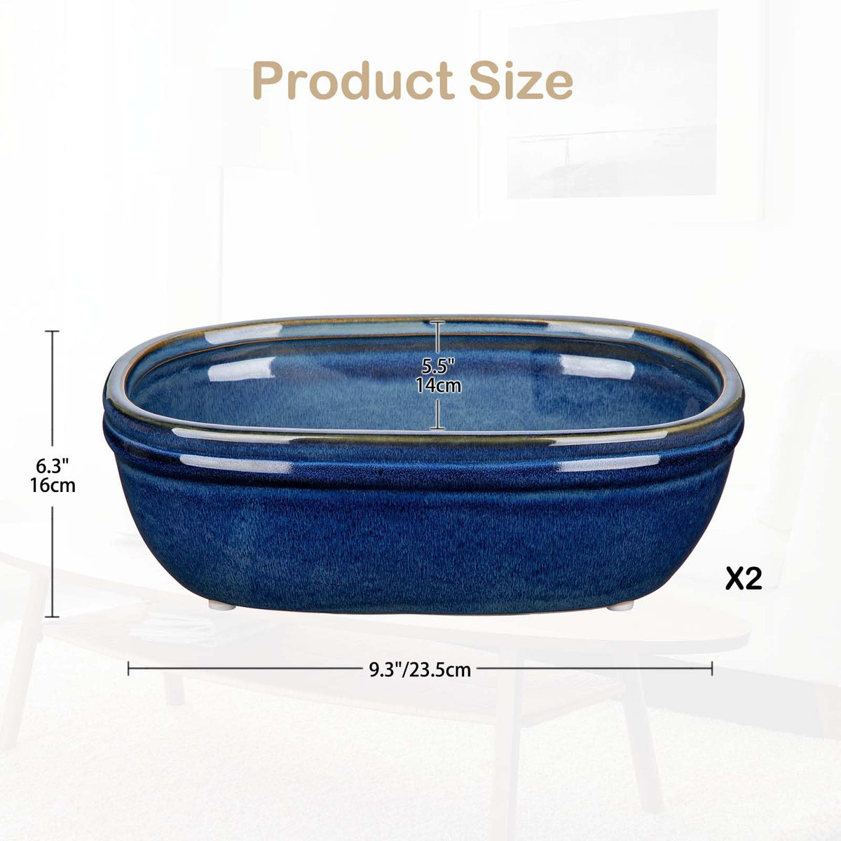 DILATATA Set of 2 Oval Ceramic Bonsai Planter Pots (9.3” x 6.3”) – Glazed Succulent & Cactus Flower Pots Without Holes for Indoor & Outdoor Plants, Bonsai Tree Pot Decorative Garden Containers