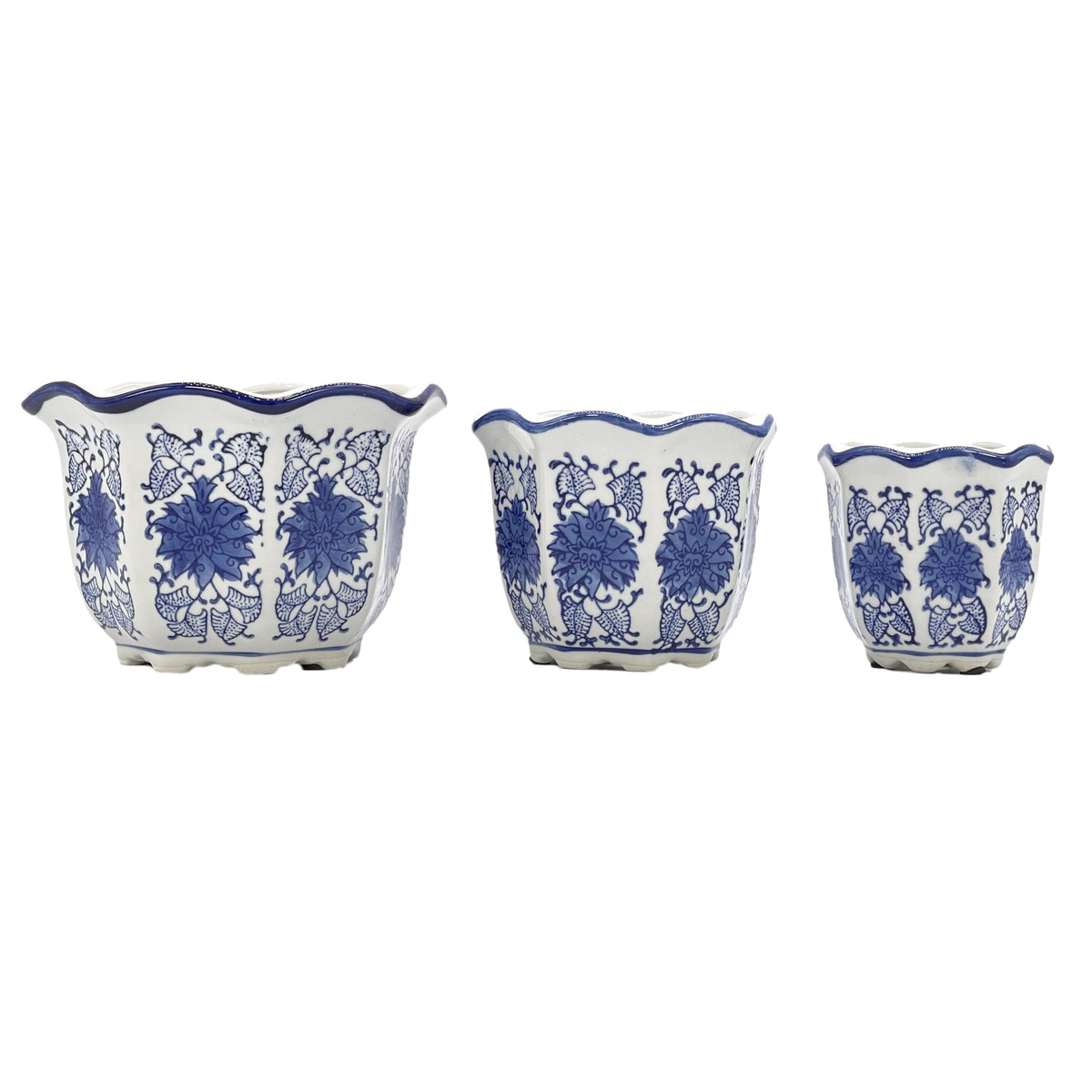 Galt International Blue & White Floral Porcelain Ceramic Decorative Flower Pot 8"/6"/4.5" Garden Pots Chinese Asian Design - Set of 3 Round Fluted