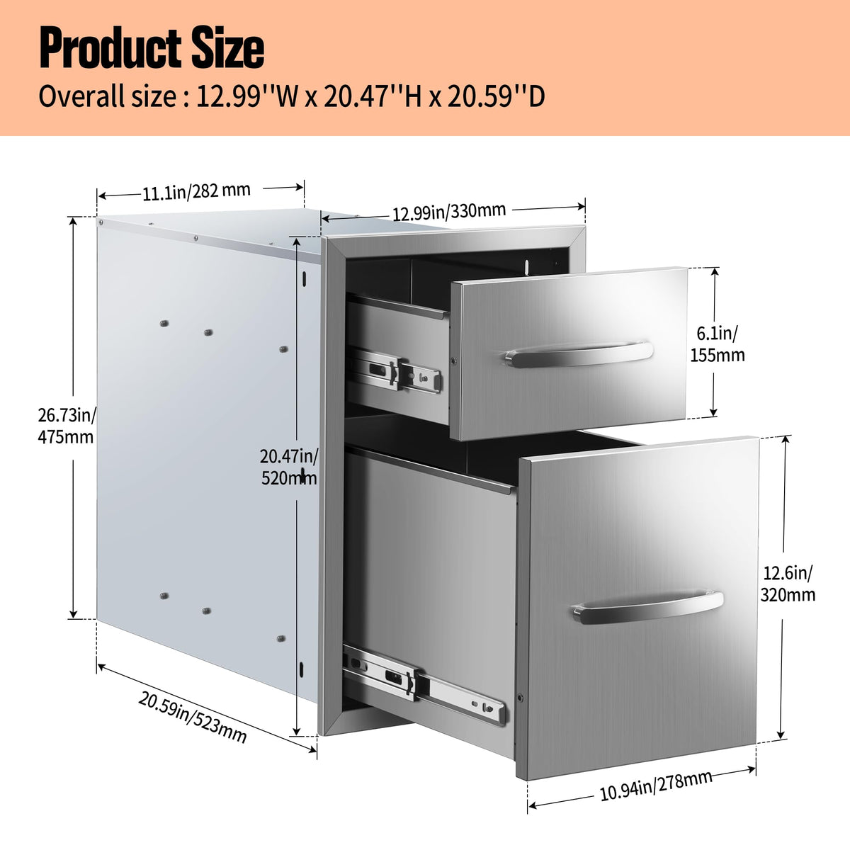 RAILEN Outdoor Kitchen Drawers 13" W x 20" H x 21" D Built-in BBQ Drawer Stainless Steel Access Drawers for Outdoor Kitchen Island or Grill Station
