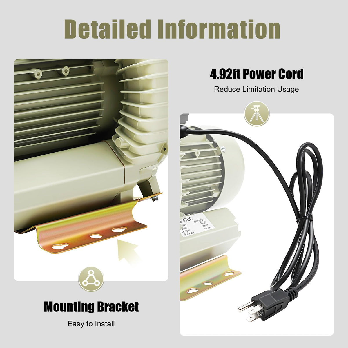 Dfmyhked 370W Aquaculture Vortex Air Blower Pump, 110V 12KPa High Pressure Oxygen Aerator, for Fish Tank Pond Aquarium 60m³/h Commercial Air Pump Blower Dusting
