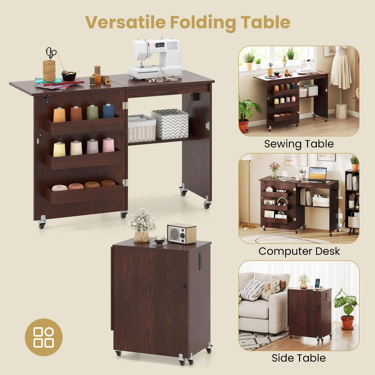 Nightcore Folding Sewing Table, Multipurpose Craft Table with Charging Station, Lockable Casters, Rack and Storage Shelves, Space-Saving Cart, Sewing Desk Cabinet for Living Room Home Studio