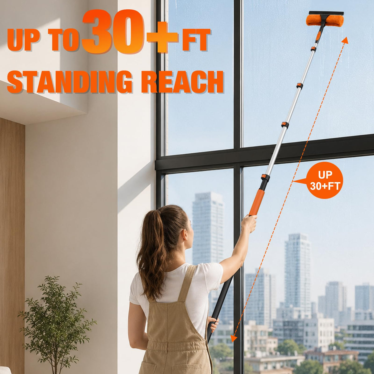 LAANPOLE 36FT Window Squeegee with Extension Pole, 2-in-1 Squeegee for Window Cleaning, Professional Cleaning Kit for Home with 30FT Telescoping Pole for Outdoor Indoor Use