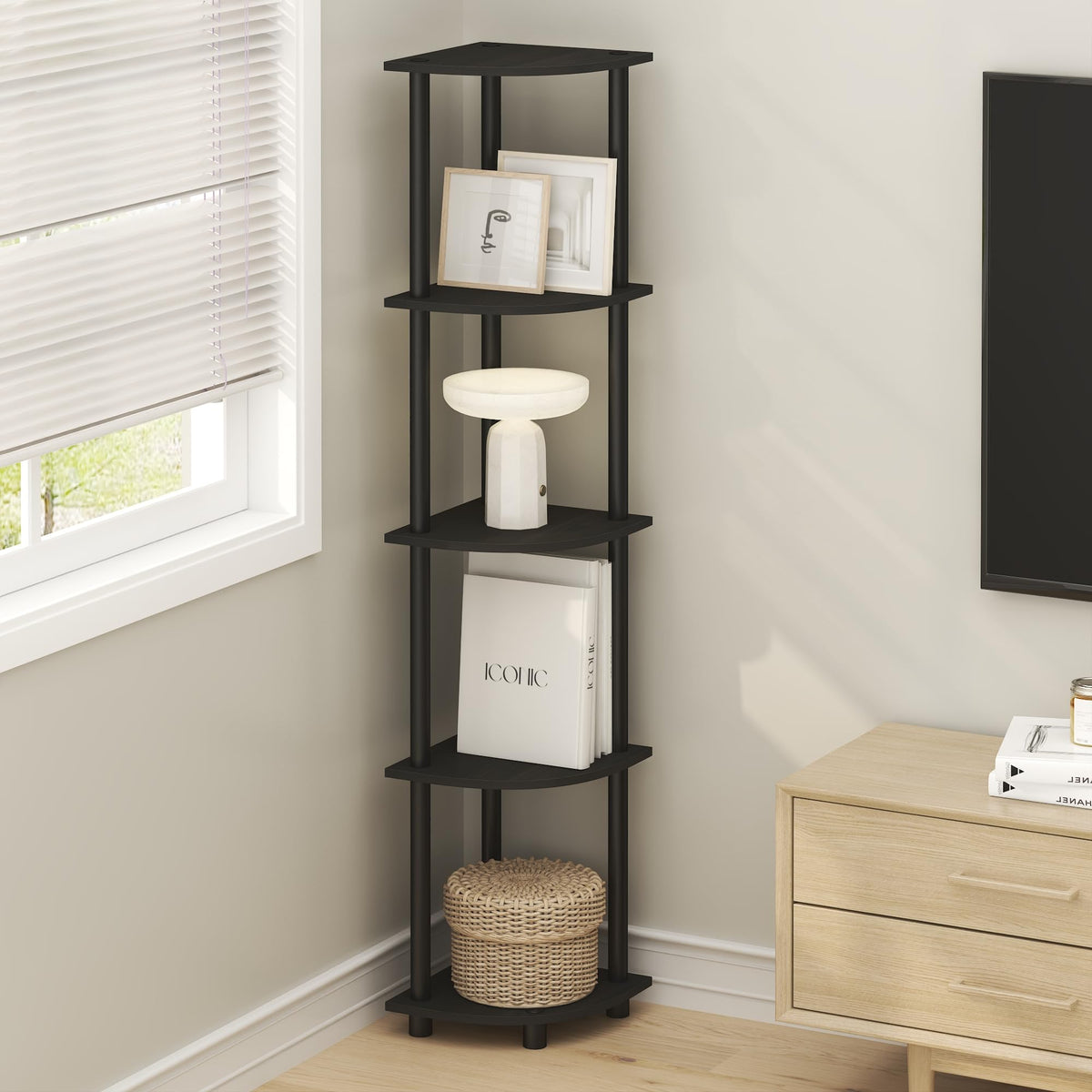 Furinno Turn-N-Tube Corner Shelf, 5-Tier Corner Bookshelf, Open Storage Shelves, for Organization and Storage, Living Room, Home Office, Garage, Bedroom, Black Espresso