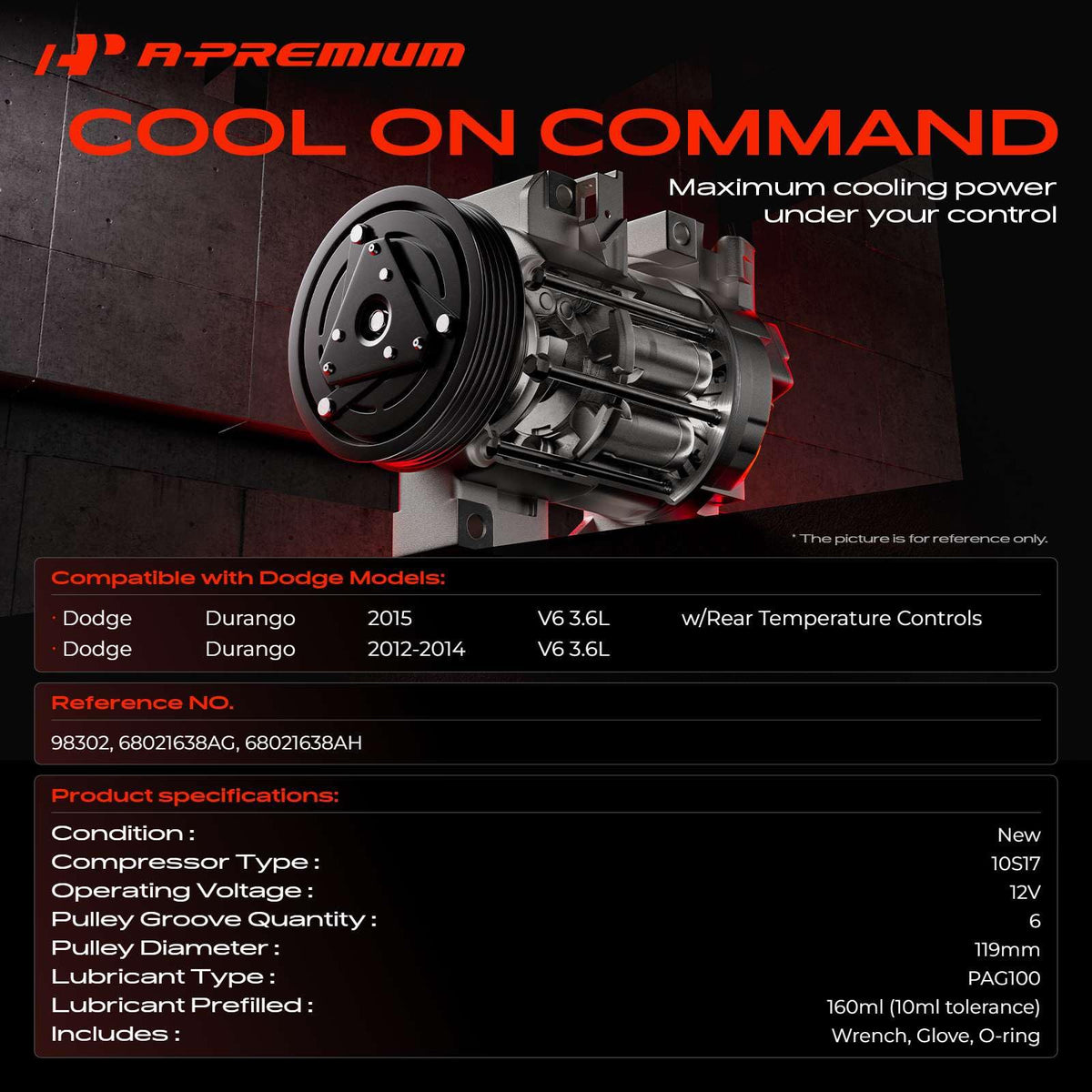 A-Premium Air Conditioner AC Compressor with Clutch Compatible with Dodge Durango 3.6L 2012-2015, with Rear A/C Only