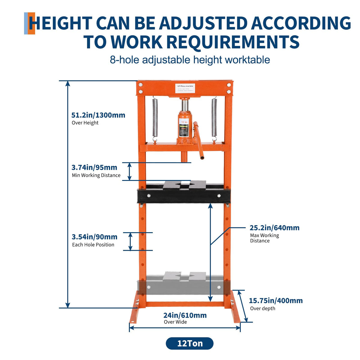 Hydraulic Press 12 Ton Hydraulic Shop Press H-Frame Garage Floor Adjustable Shop Press with 2 Plates Adjustable Working Table Height, Orange