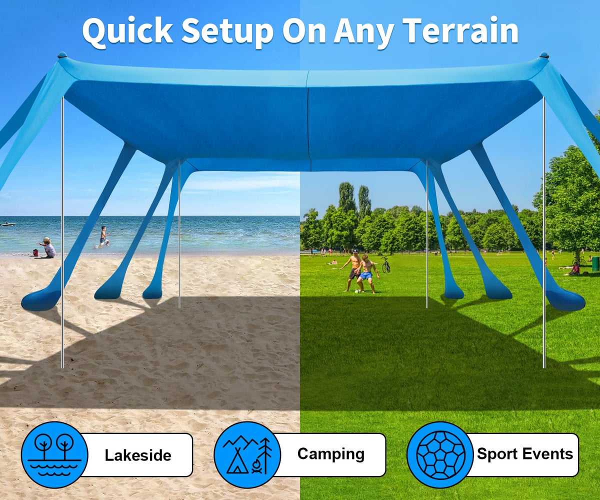 VVBE Beach Tent Sun Shelter 13x10FT, UPF50+ Outdoor Shade Canopy with 10 Sandbags, Sand Shovel, Ground Pegs & Stability Poles, Portable Beach Tent for Camping Fishing Picnics Travel