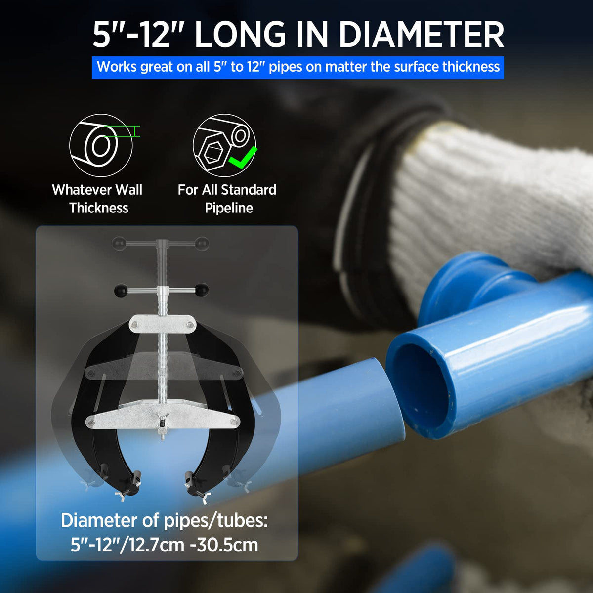 Pipe Clamp, 5 to 12 in, Steel Pipe Alignment Tool with Lightweight Design, High Strength Ultra Clamp with Quick Acting Screws, Black
