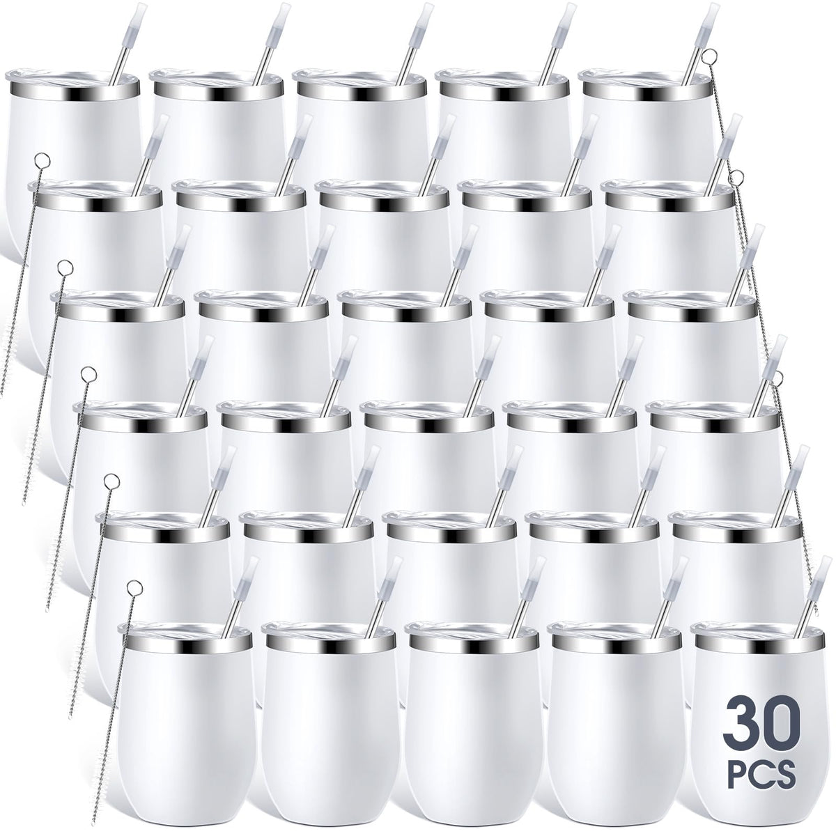 Inbagi 30 Pack 12 oz Stainless Steel Tumblers Bulk with Lids and Straws, Double Wall Insulated Wine Tumblers for Wedding Party Favors, Bridal Shower, Birthday Event Gifts