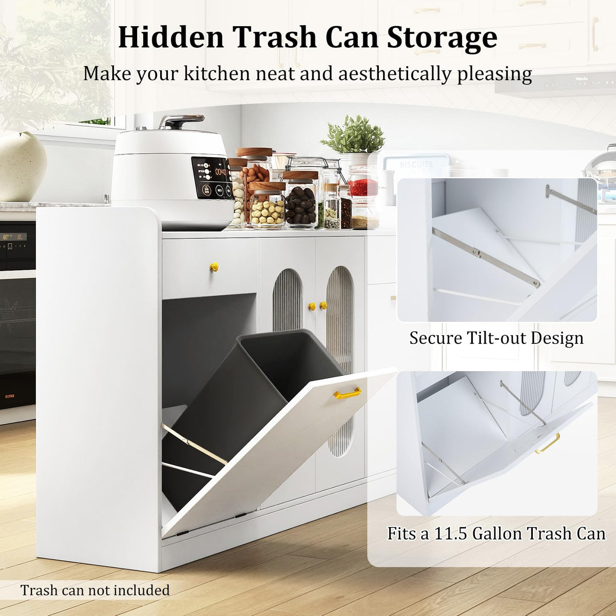 Giantex 55" Farmhouse Buffet Cabinet, Large Credenza w/Hidden Tilt Out Trash Can, 2 Glass Doors, 2 Drawers & Adjustable Shelves, Modern Sideboard Coffee Bar Cabinet for Kitchen, Dining Room (White)