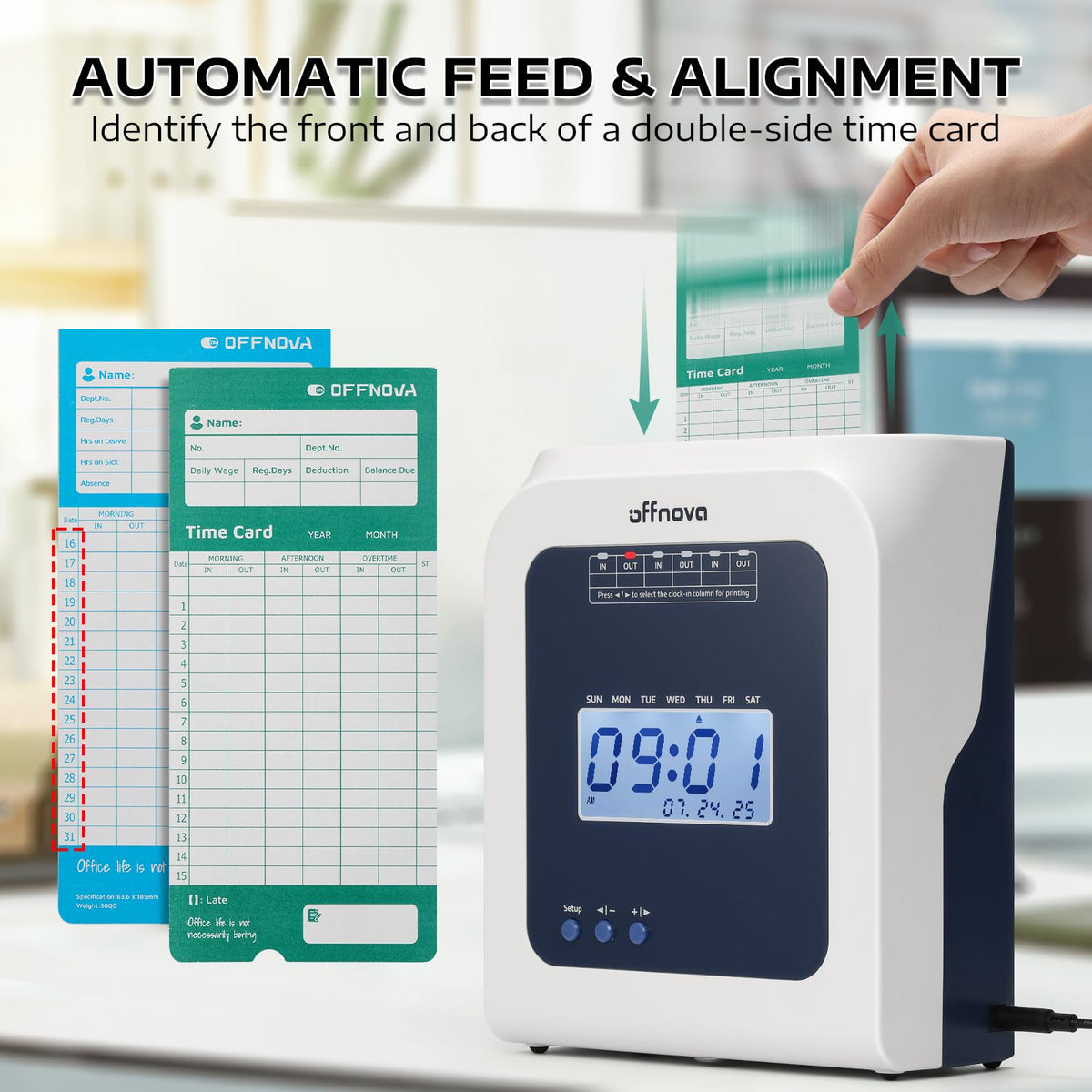 OFFNOVA Thermal Time Clock for Employees Small Business, No Ink Ribbons or Network Needed, in/Out Time Attendance Machine with 50 Time Cards, White