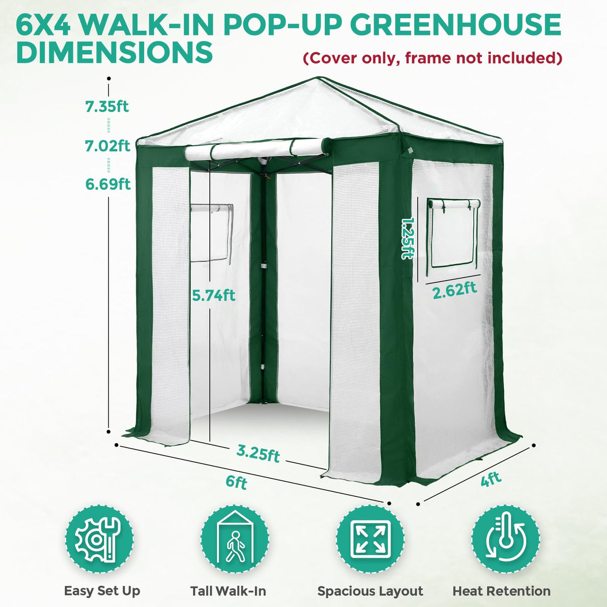 EAGLE PEAK Replacement Cover for 6x4 Portable Pop up Greenhouse with Polyester Reinforced Corners, Front Roll-Up Zipper Entry Door and 2 Roll-Up Side Windows (Frame Not Included), Green/White