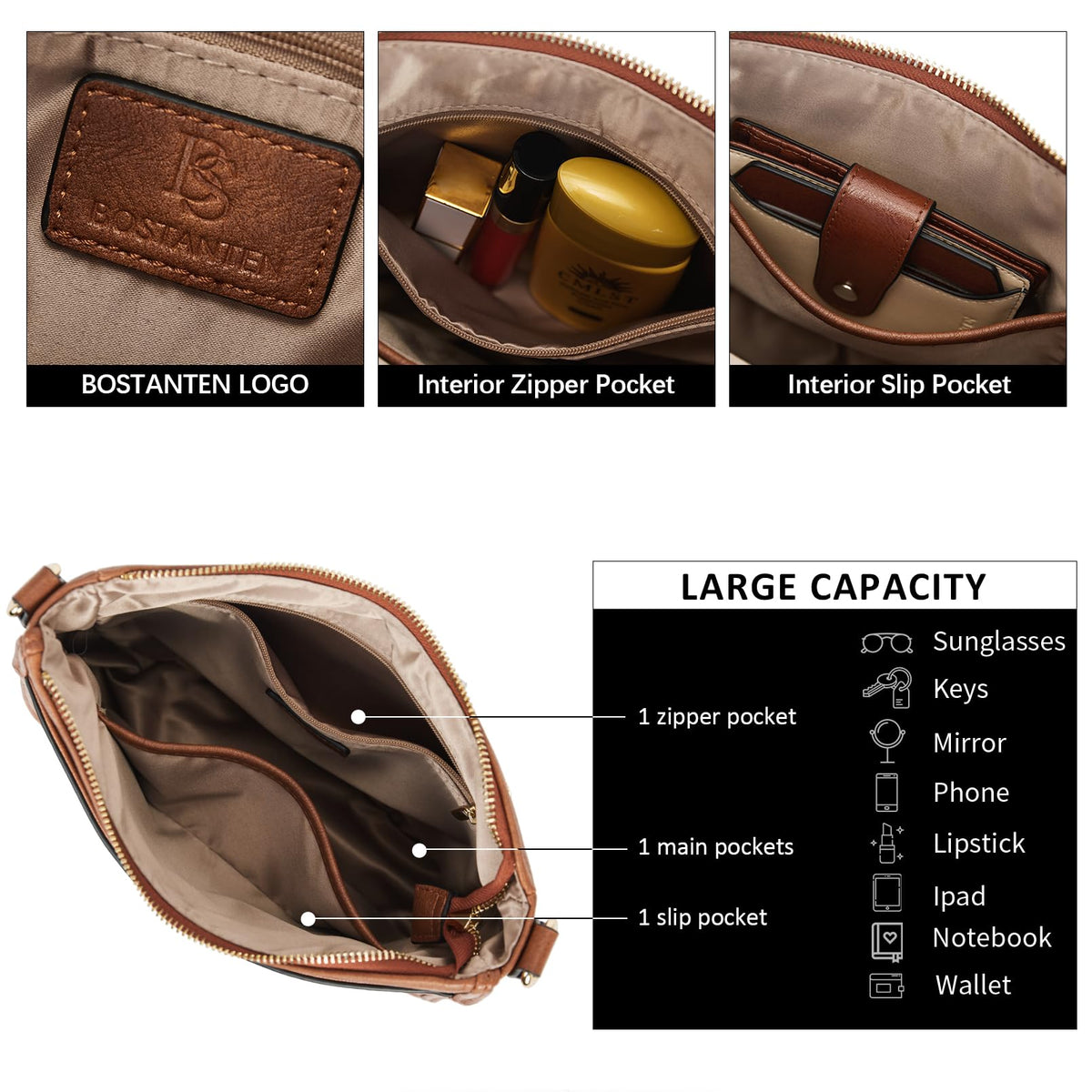 BOSTANTEN Crossbody Bags for Women Trendy Vegan Leather Hobo Purses Shoulder Handbags With Wide Shoulder Strap Brown