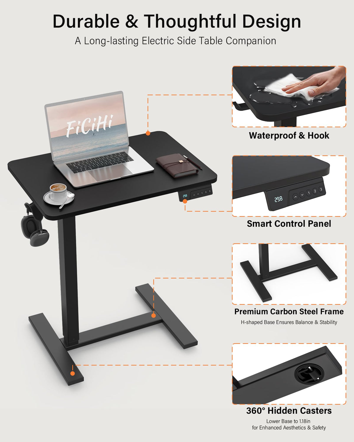 FiCiHi Electric Standing Desk with Wheels – Adjustable Height Mobile Sit-Stand Laptop Table, Portable Rolling Small Computer Workstation for Home Office & Bedside Use (28"x16", Black)