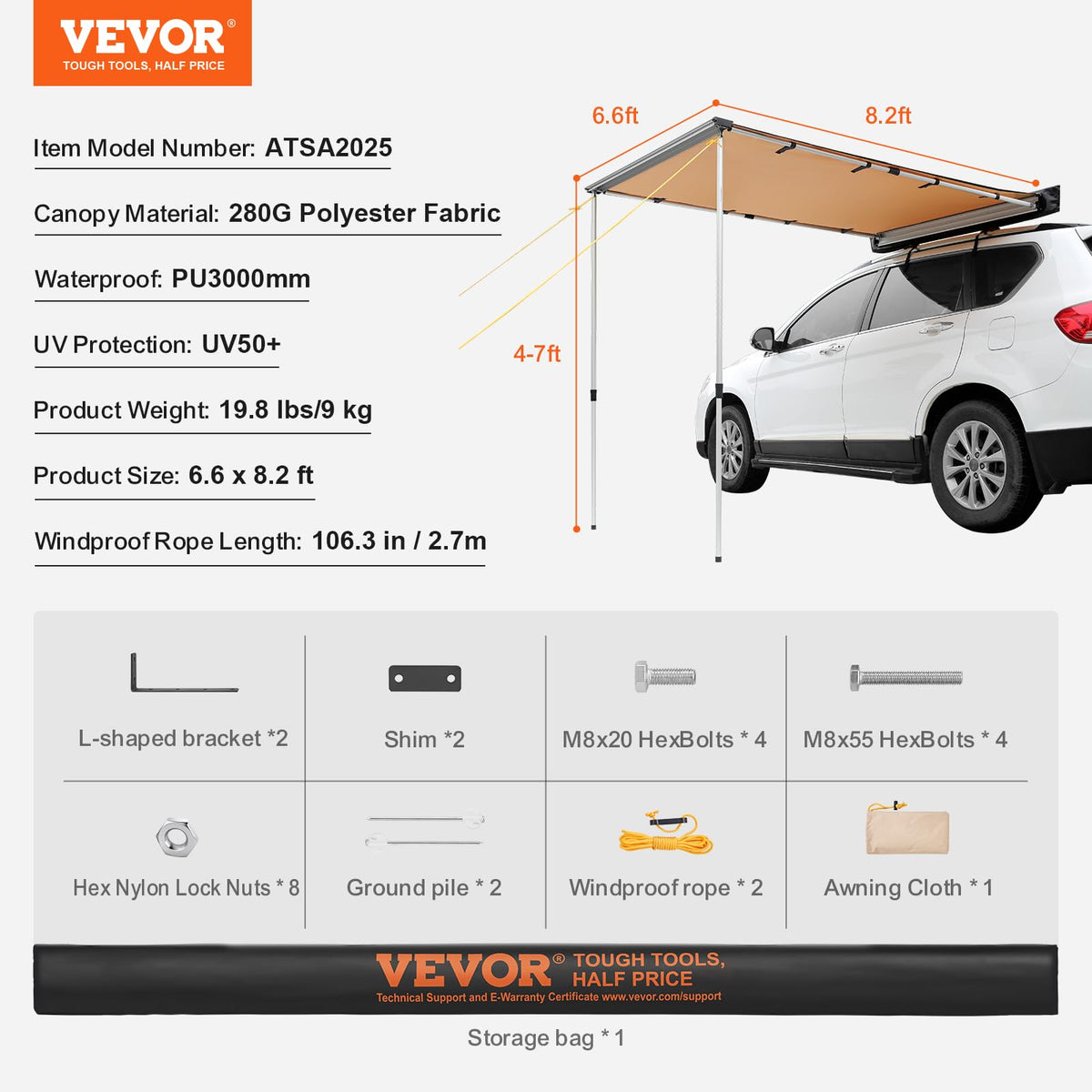 VEVOR Vehicle Awning 6.6'x8.2' Roof Rack Pull-Out Sun Shade UV50+ PU3000mm, Retractable Weatherproof 4x4 Side Awning for SUV Outdoor Camping & Overland (Hardware Included), w/Waterproof Storage Bag