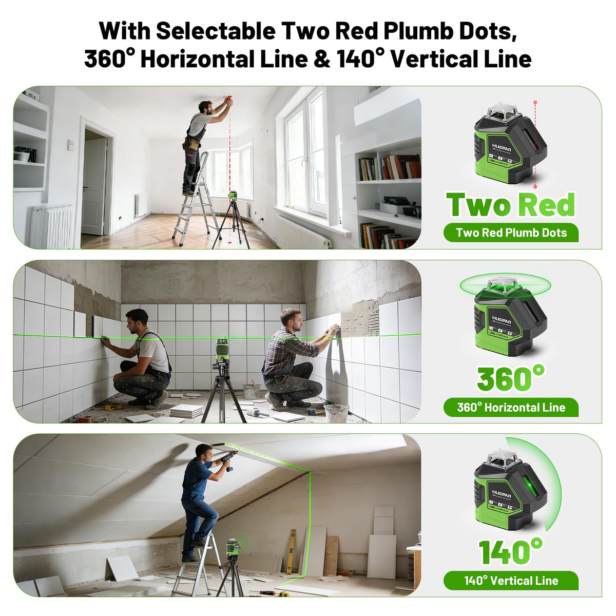 Laser Level with Tripod 60 Inch, Huepar Self Leveling Laser Level with 2 Plumb Dots -Green Cross Line Laser Leveler Tool with 360° Horizontal and 140° Vertical Line for Construction & Home Use 621CGT