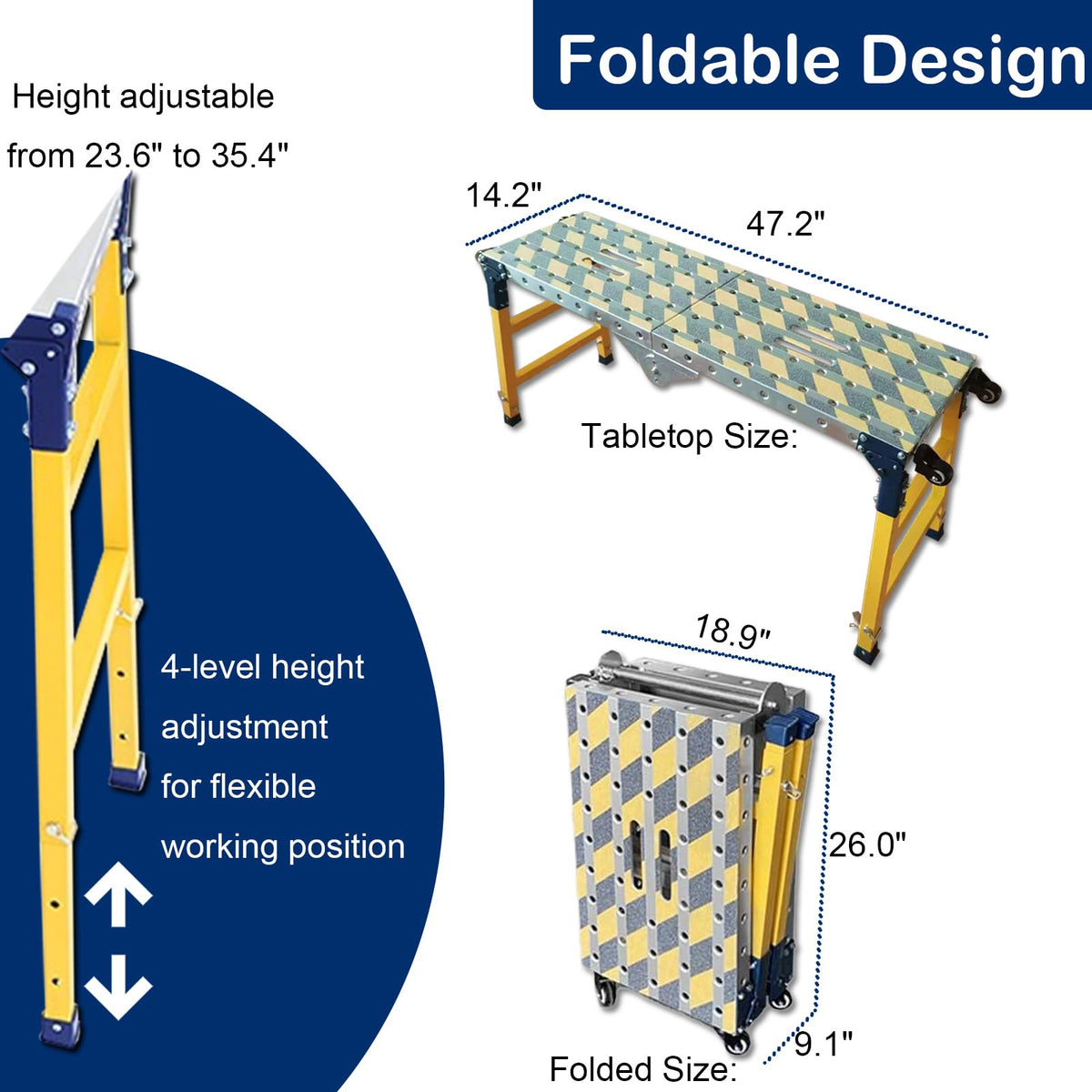 Portable Welding Table Work Bench 1102 LBS Load Capacity Versatile Steel Folding Work Table,Height 23 to 35 inches Adjustable with Wheels Non-Slip Mat Scaffolding