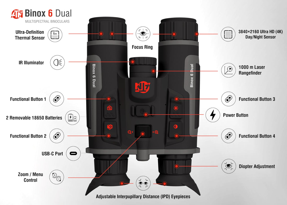 ATN Binox 6 Dual Multispectral Binoculars w/Thermal + 4K Day/Night/Twilight, 1,000 m Laser Rangefinder, Wi-Fi, 64GB, IP67 (384×288, 5.5-44×)