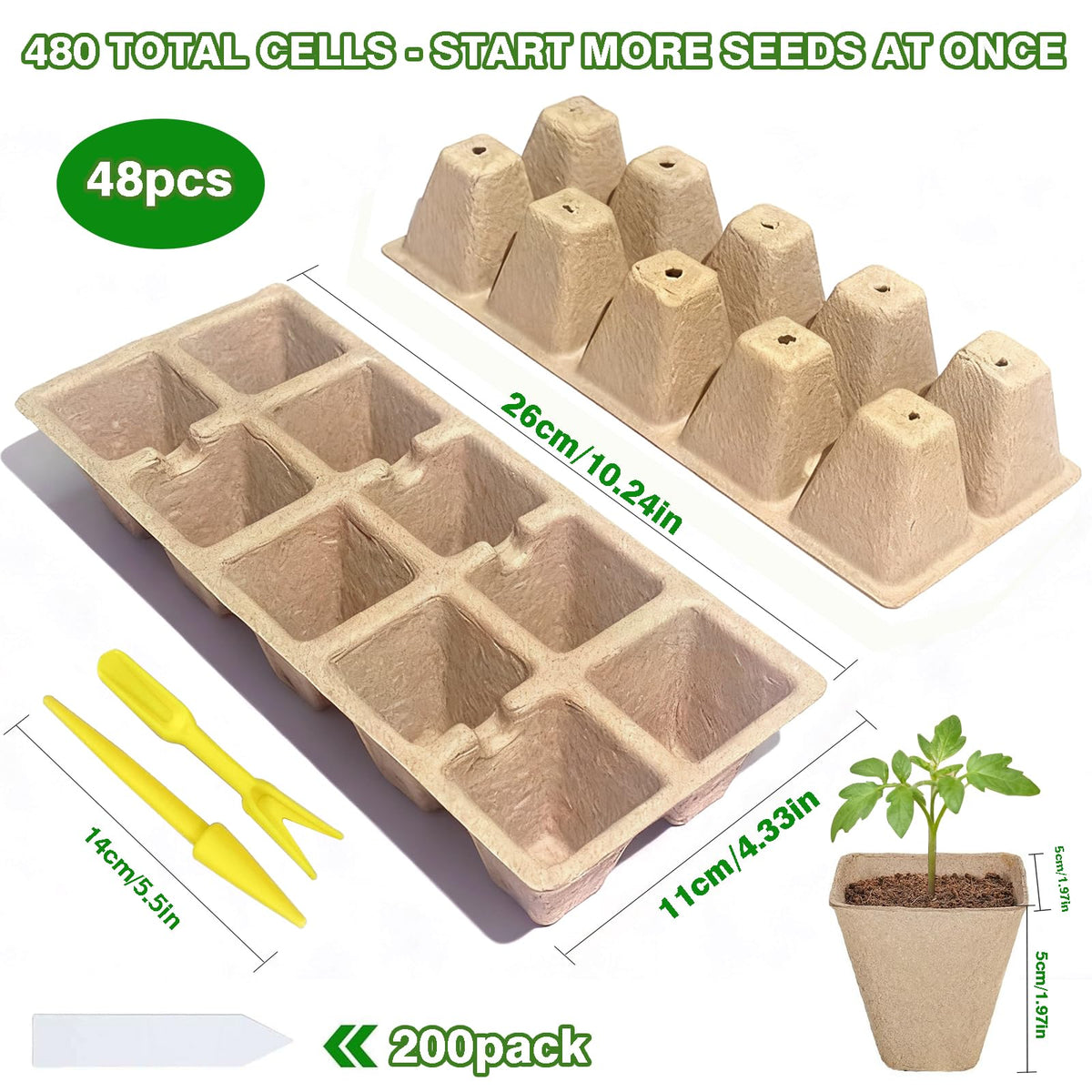 Kimdozee 480 Cells Seed Starter Tray, 48 Pack Biodegradable Peat Pots with 200 Labels, Germination Plant Starter Kit for Seedlings