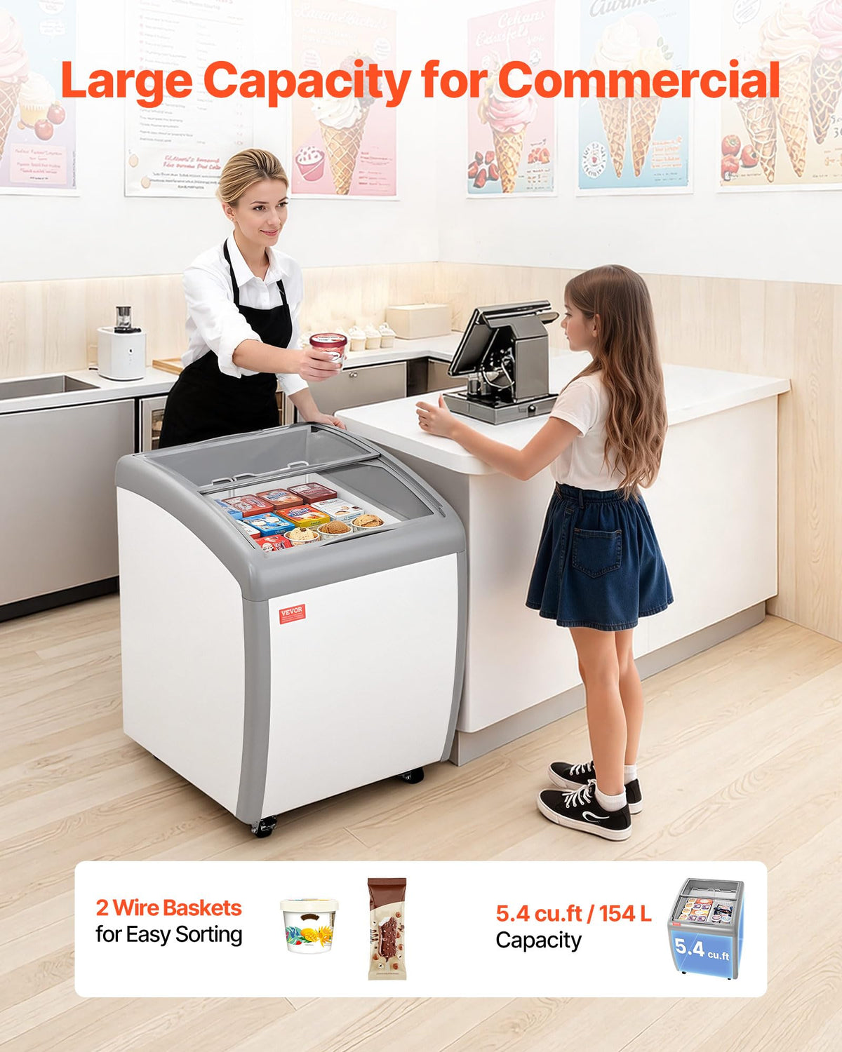 VEVOR Commercial Ice Cream Display Case, 5.4 Cu.ft Chest Freezer, -19 to 3℉ Temp Adjustable Mobile Top Deep Freezer with 2 Wire Baskets, 2 Sliding Glass Doors, Locking Casters & LED Strip Lighting