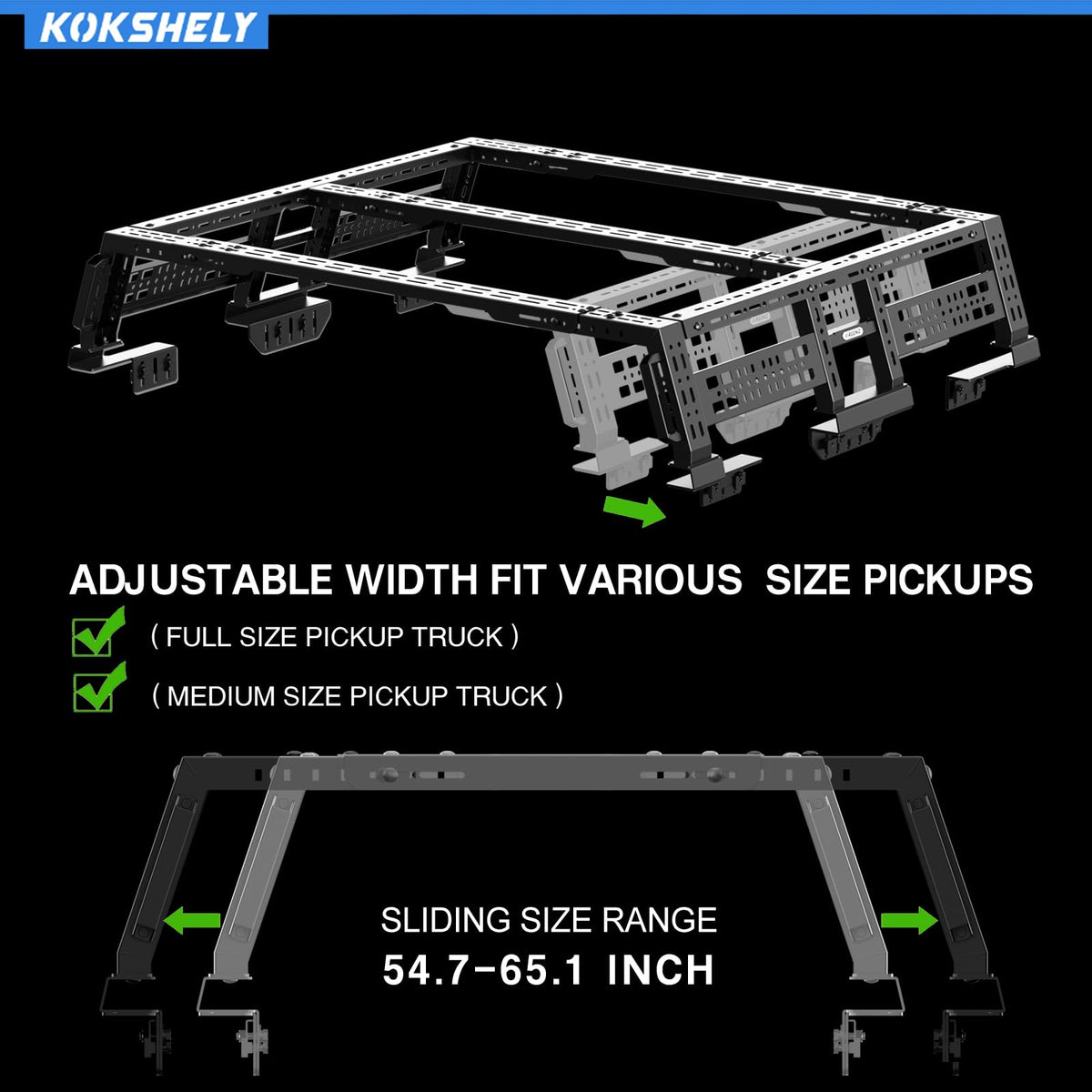 KOKSHELY Overland Truck Bed Rack for Full-Size & Mid-Size Trucks/Adjustable Truck Cargo Carrier/Tacoma Bed Rack, Fit for Tundra, Ram 1500 & HD, F-Series, Ranger, Silverado, Titan & XD,Gladiator