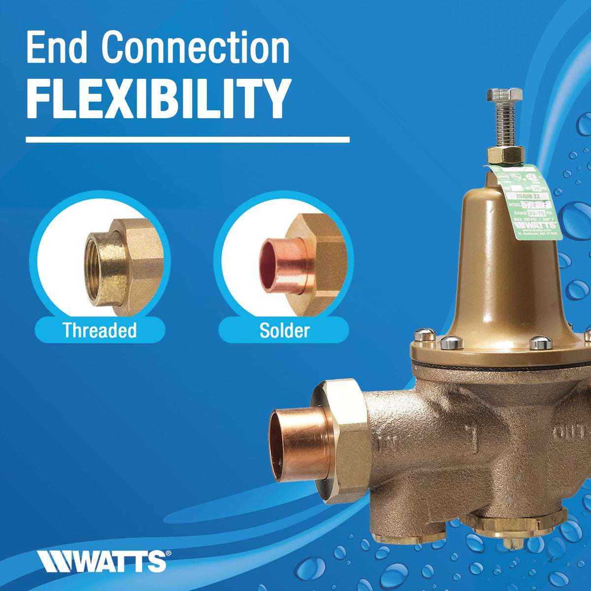Watts LF25AUB-DU-Z3 1 Series 1-Inch Lead-Free Water Pressure Reducing Valve, Double Union, NPT Female, Polymer Seat, Elastomer Disc, Adjustable 25-75 PSI (0009322)