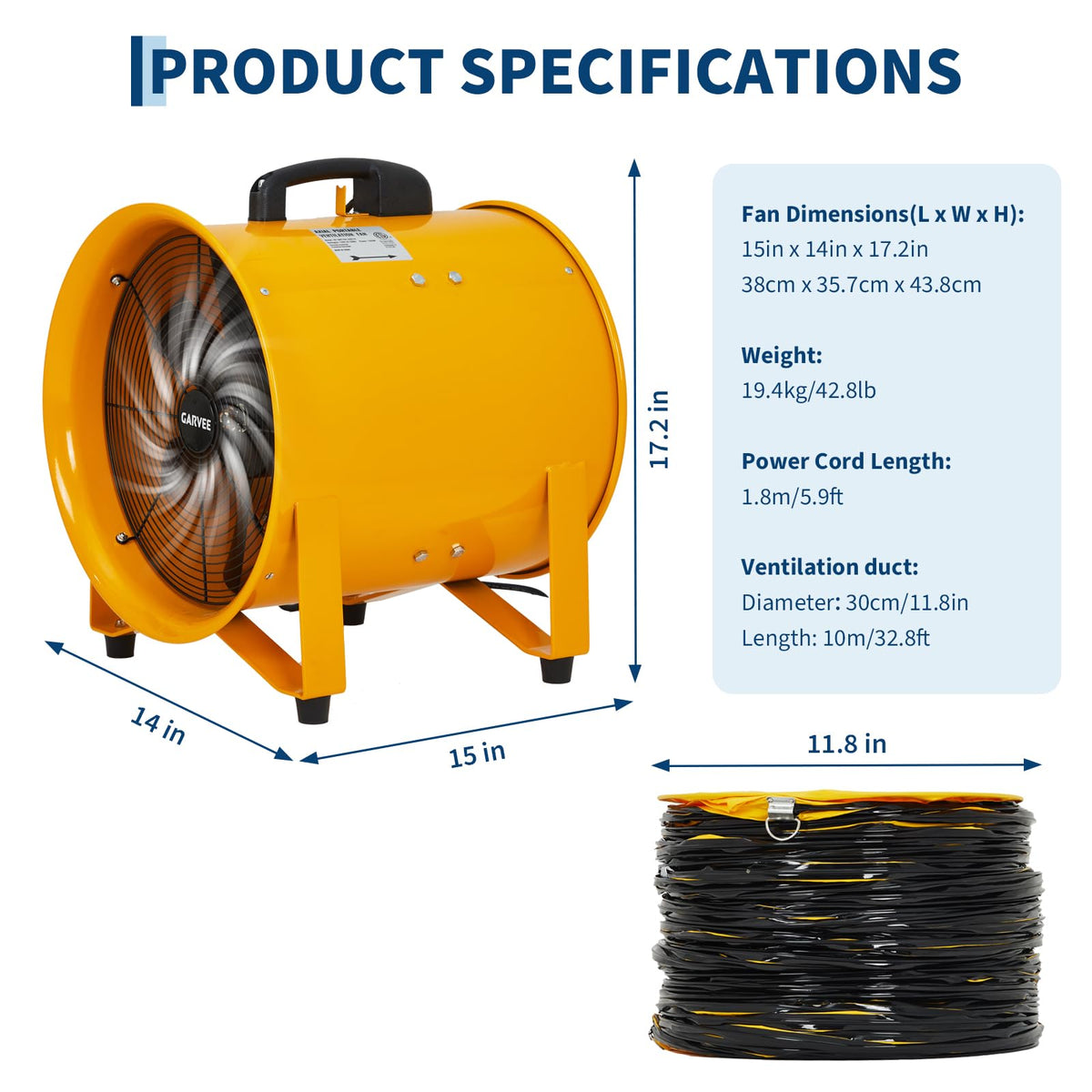 ExploreHorizon 12 Inch Air Mover Blower Fan, 3500 CFM Heavy Duty Industrial Exhaust Fan with 32.8ft Flexible Duct, Low-Noise Portable Blower Exhaust Fan for Construction, Workshops