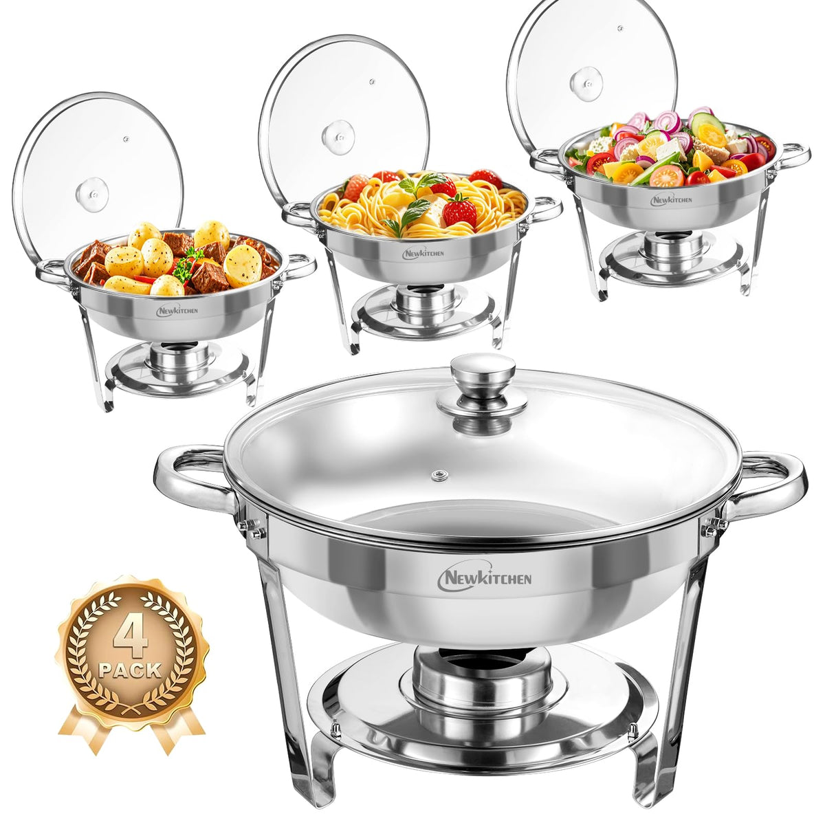 Chafing Dishes for Buffet 4 Pack, 5 QT Round Chafing Dishes for Buffet [Transparent Glass Cover] Stainless Steel Chafing Dish Buffet Set for Any Party