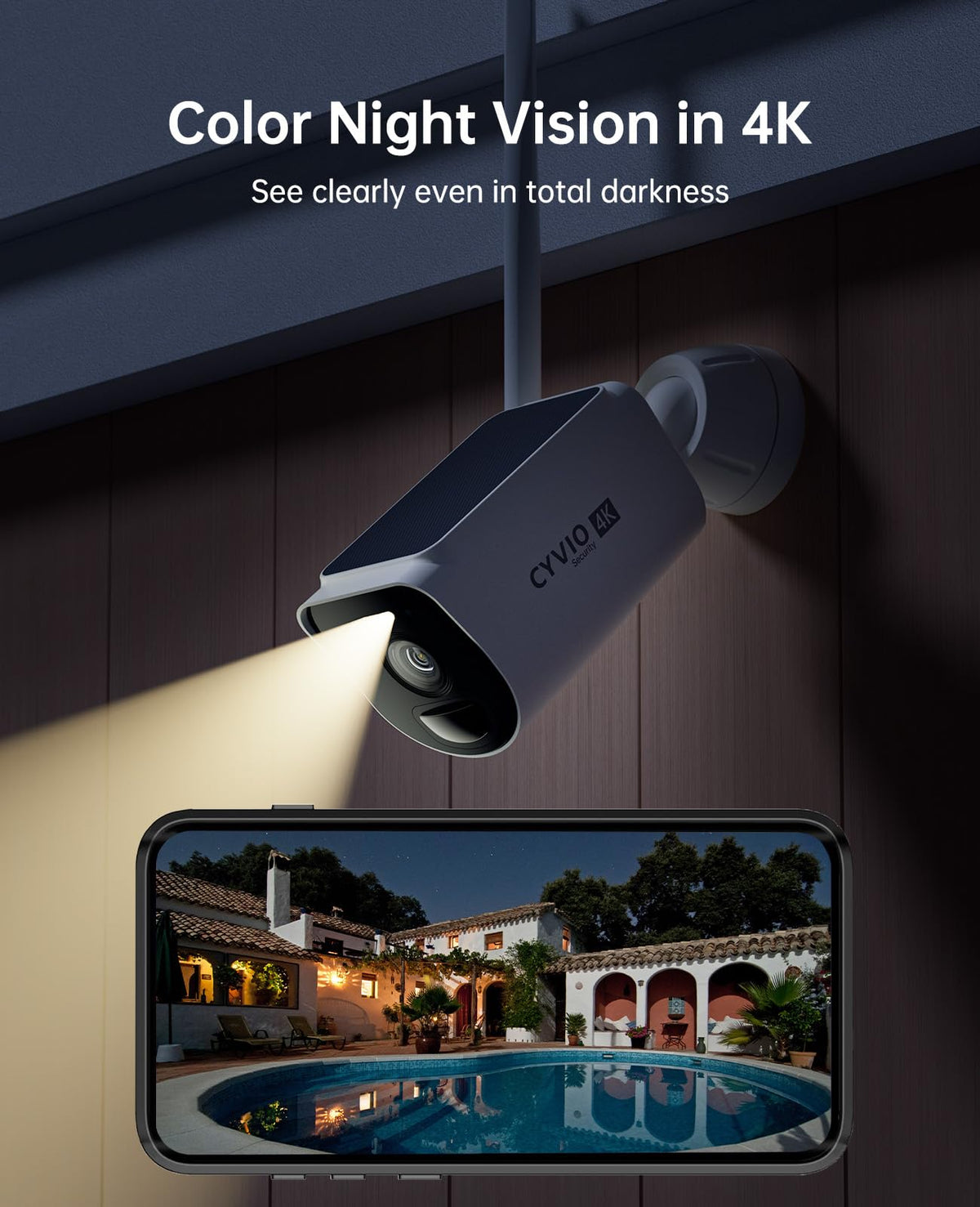 CYVIO 4K Solar Security Camera Wireless Outdoor, 2-Cam Kit, CYVIO WiFi Long Range, Battery Powered, Color Night Vision, PIR Motion Detection, No Monthly Fee