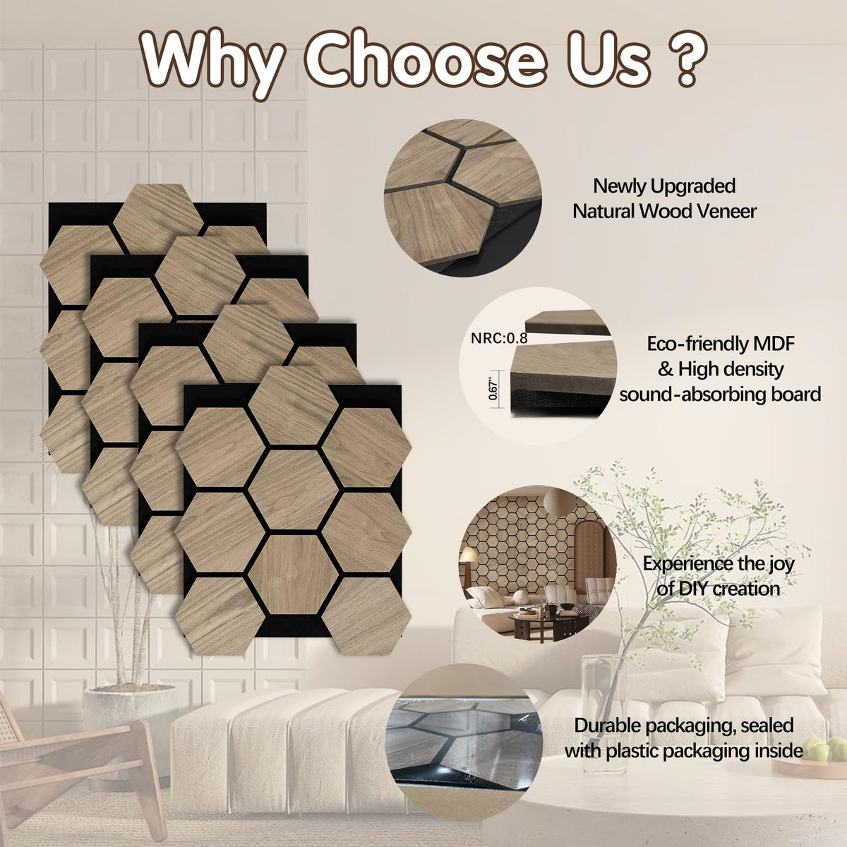 ARMURO Wall Paneling for Interior Wall - 4 PCS Hexagon Wall Panels - Hexagon Acoustic Panels - Natural Walnut Wood Veneer Sound Proof Panels for Walls, Wood Slat Wall Panel 23.8" W x 29" L