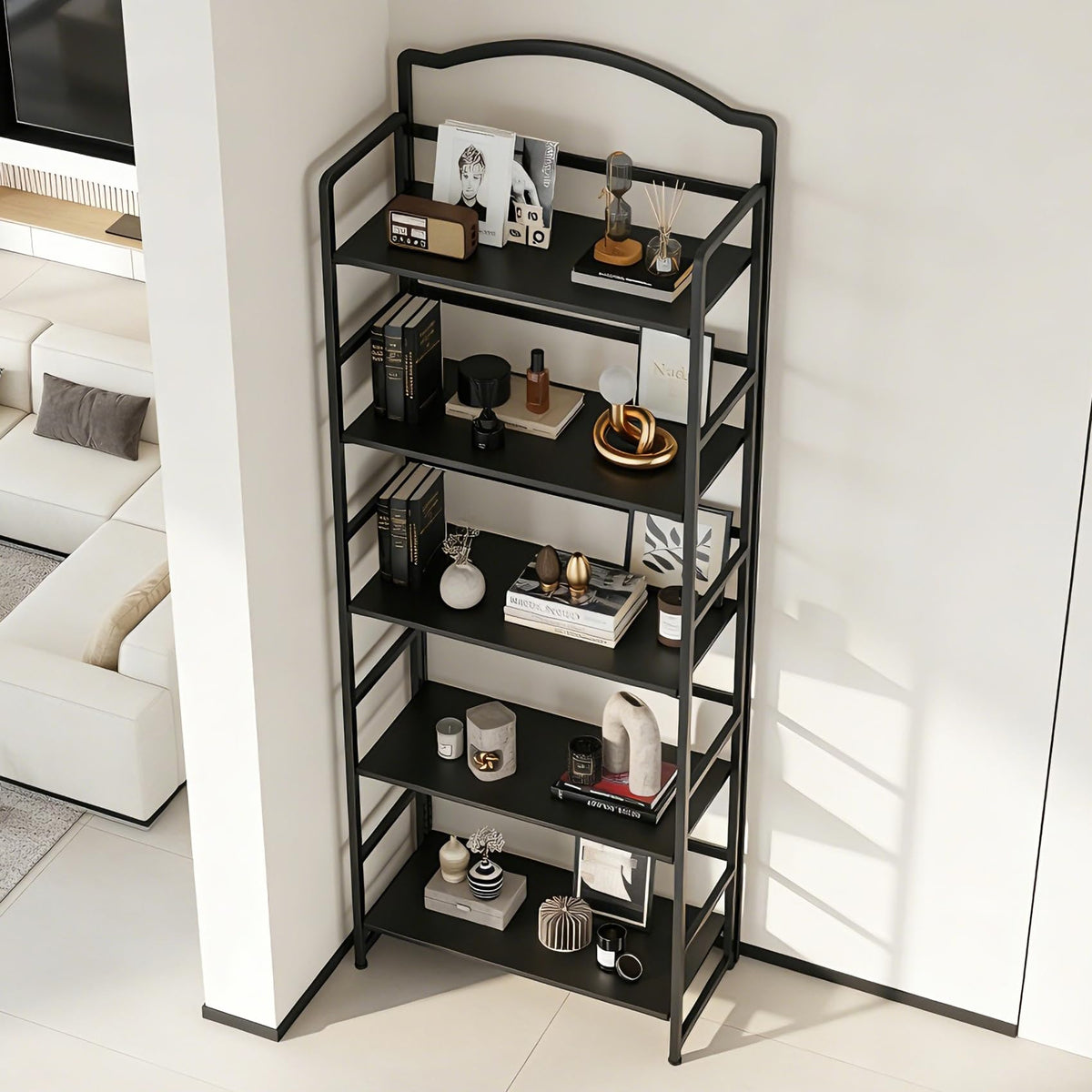 JSB 5 Tier No Assembly Folding Bookshelf, Arched Bookshelf, Foldable Bookcase for Living Room, Bedroom, Office,Skinny Bookshelf (Black)