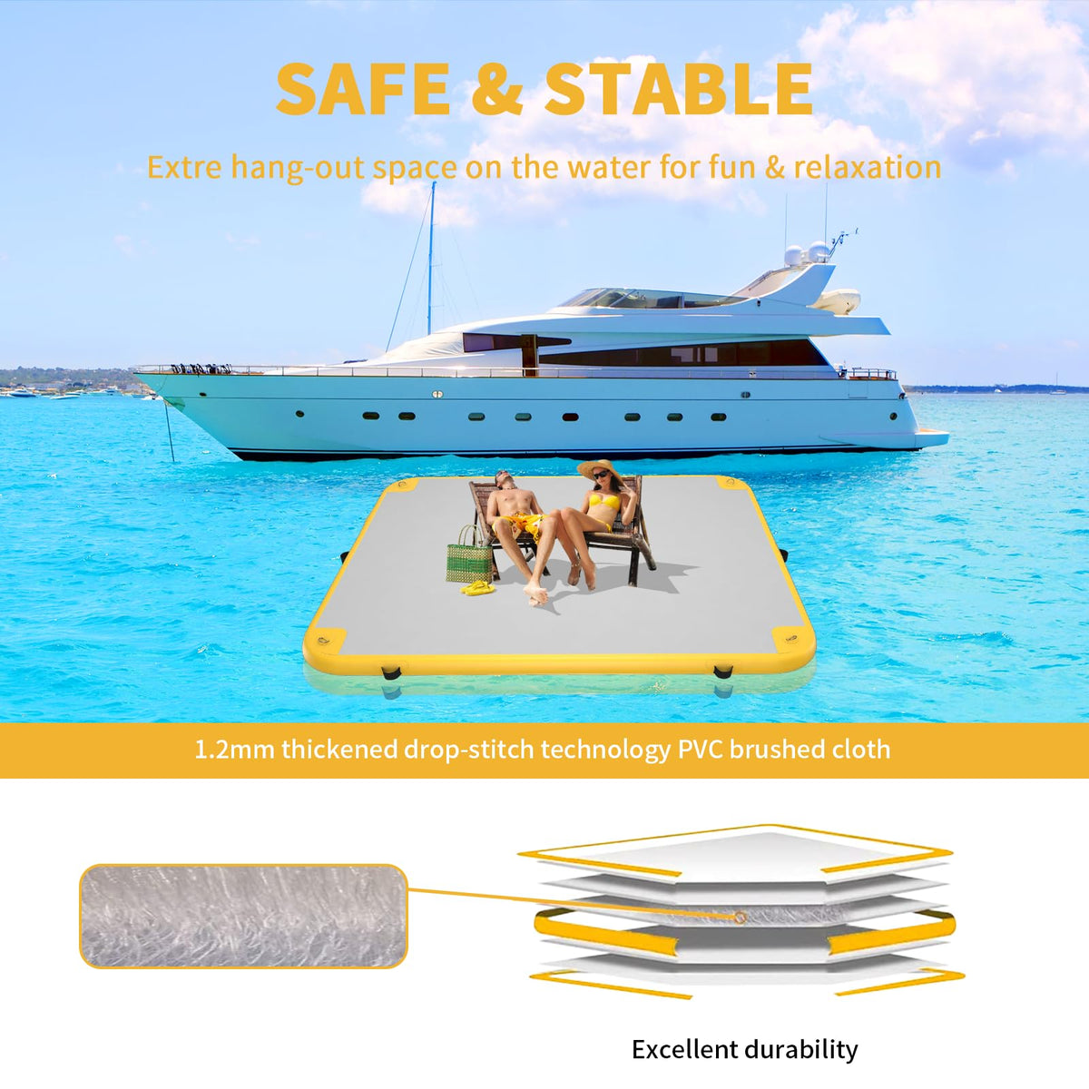 GONFLABLE 8x6ft Inflatable Floating Dock, Inflatable Water Platform Raft with Air Pump & Storage Bag, Floating Island Mat for Pool Lake Beach Ocean (Yellow, 8 x 6ft)