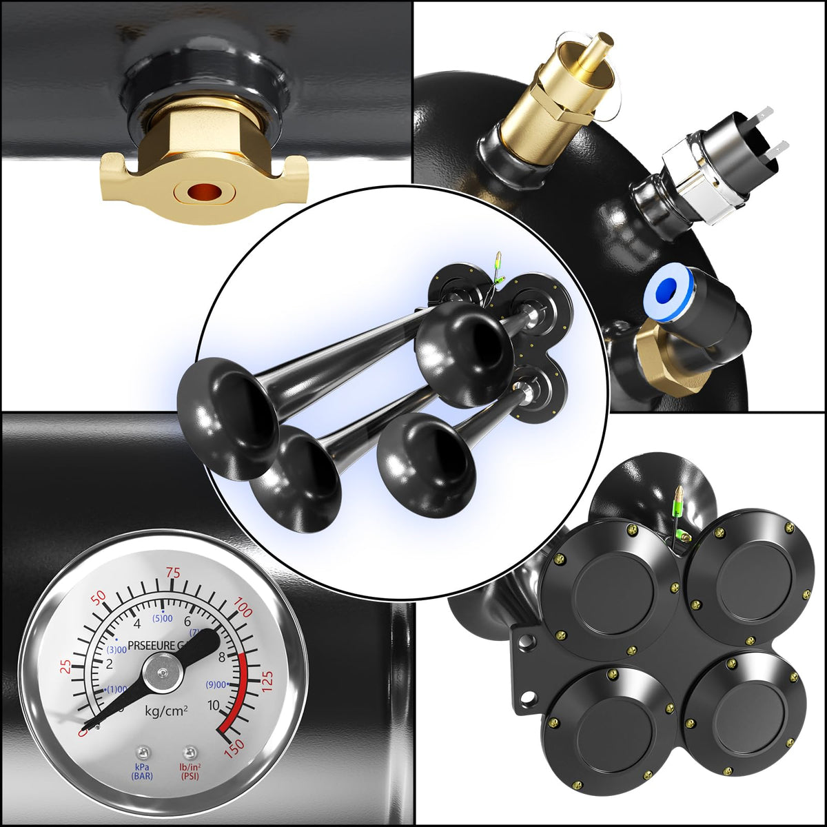 150DB Train Air Horn Kit, 4 Horn Kits for 150 PSI 12V Air Compressors, Ultra Loud Air Horn With Built-in 90-120 PSI Pressure Switch and Temperature Controller for Truck Complete Kit, Black 1.59 Gallon