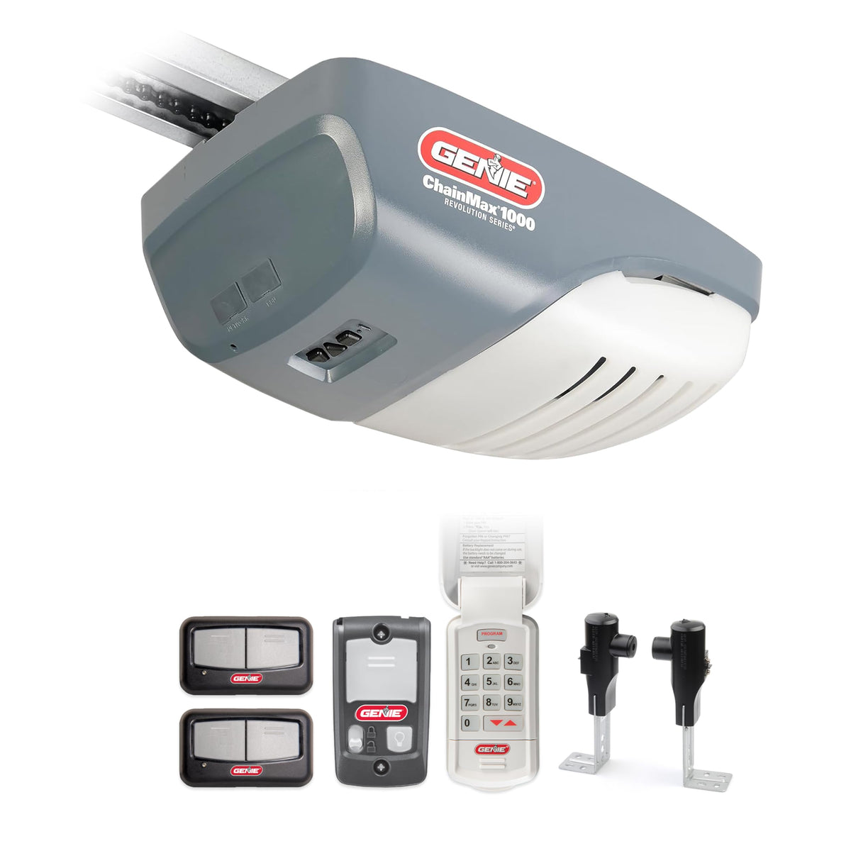 Genie ChainMax 1000 Garage Door Opener - Durable Chain Drive - Includes two 3-Button Pre-Programmed Remotes,Wall Console, Wireless Keypad, Safe-T-Beams - Model 3022-TKH, 140V DC Motor,Gray