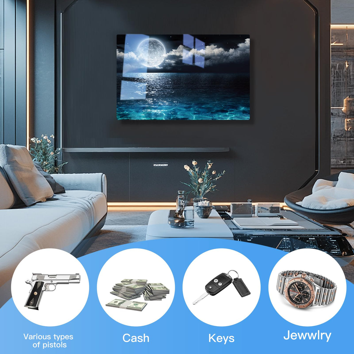 Moon Gun Safe for Handgun, Pistol Safe with Fingerprint & KEY Access, Moon Wall Art Glass Hidden Gun Storage with Decor Function For Wall-Mounted, Fathers Day Gift -18.8IN