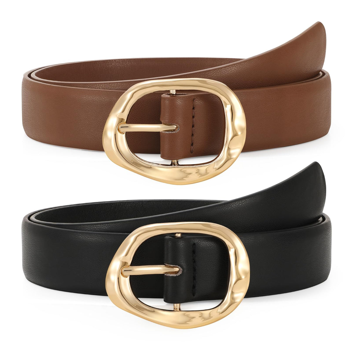 TRIWORKS 2 Pack Leather Belts for Women Fashion Waist Belt with Liquid Shapes Women Belt for Jeans Pants Dresses