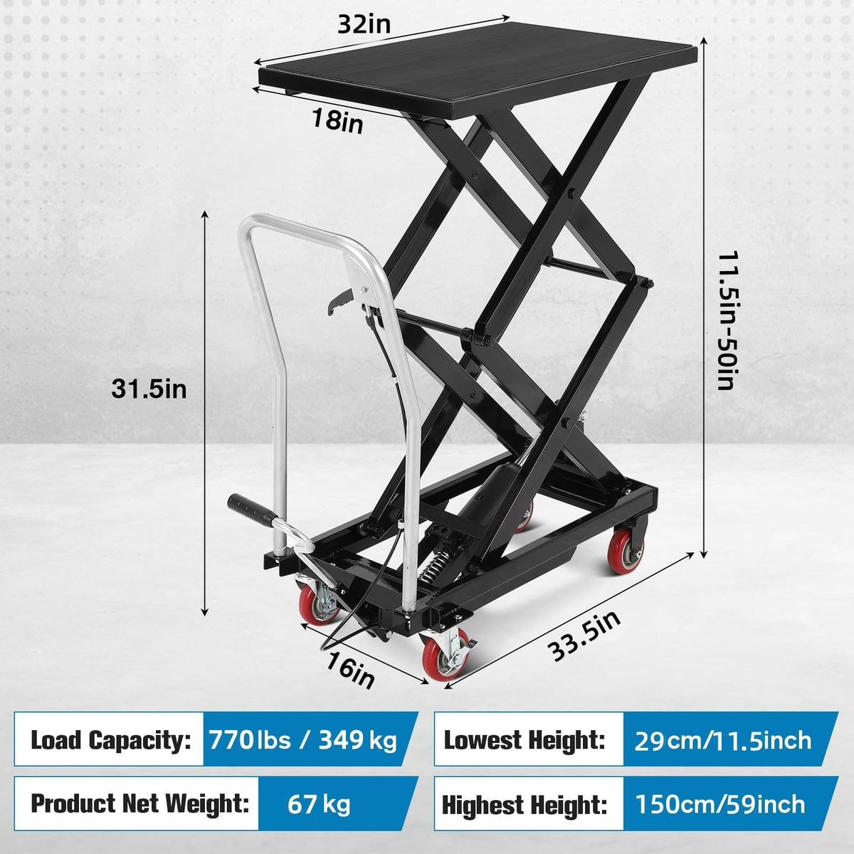 Hydraulic Lift Table Cart, 770lbs Capacity 50" Lifting Height Hydraulic Table Cart, Double Scissor Lift with Non-Slip Pad for Material Handling and Transportation, Black