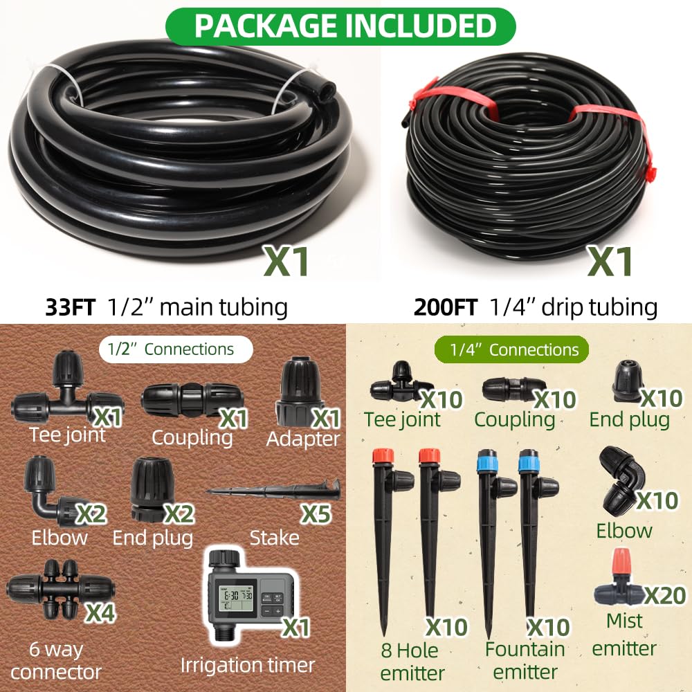 233FT Drip Irrigation System with Timer for Garden Kit Automatic Irrigation Equipment Lock Fittings Micro Drip 360 Degree Fan Sprayer Watering Kit for Greenhouse 1/2 inch 1/4 inch Tubing