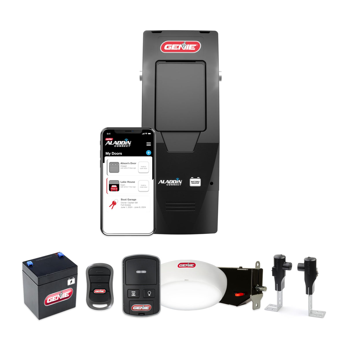 Genie B6172H Wall Mount Smart Garage Door Opener, DC Motor Lifts up to 14ft high 850lbs, Black