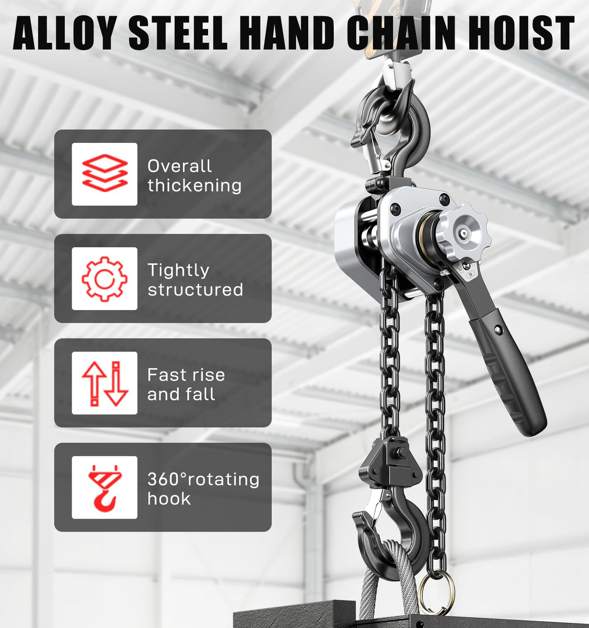HUGOASIS Mini Lever Hoist 3/4 TON 1650 LBS Capacity 5FT Lift, Portable Aluminum Ratchet Chain Hoist with G80 Alloy Steel Chain, Dual Brake Hand Chain Puller for Lifting & Pulling,Silver
