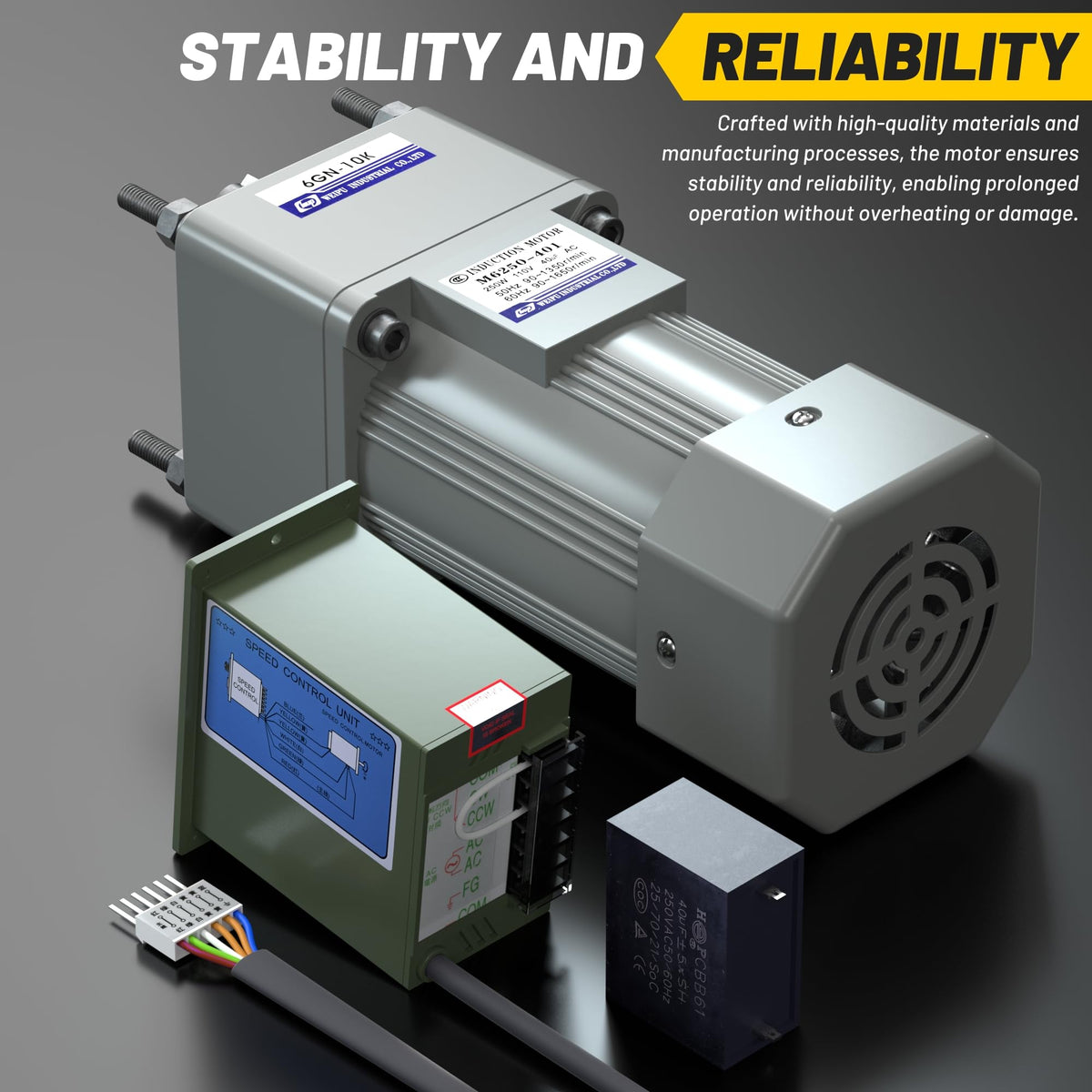 High Torque AC Motor + Speed Controller + Gear Box, 250W Single Phase Electric Motor with Gearbox, Variable Speed Motor, Reversible Gear Motor with Control Box, 110V Geared Motor