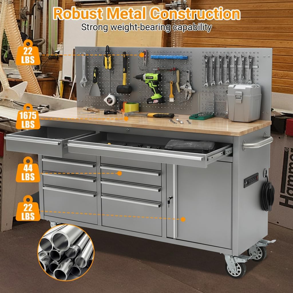 61 Inch Rolling Tool Chest, 10 Drawers Garage Workbench Storage Tool Cabinet with Rubber Wood Top, 1675 LBS, Power Strip, Locking System, Drawer Liners for Garage, Warehouse and Repair Shop, Silver