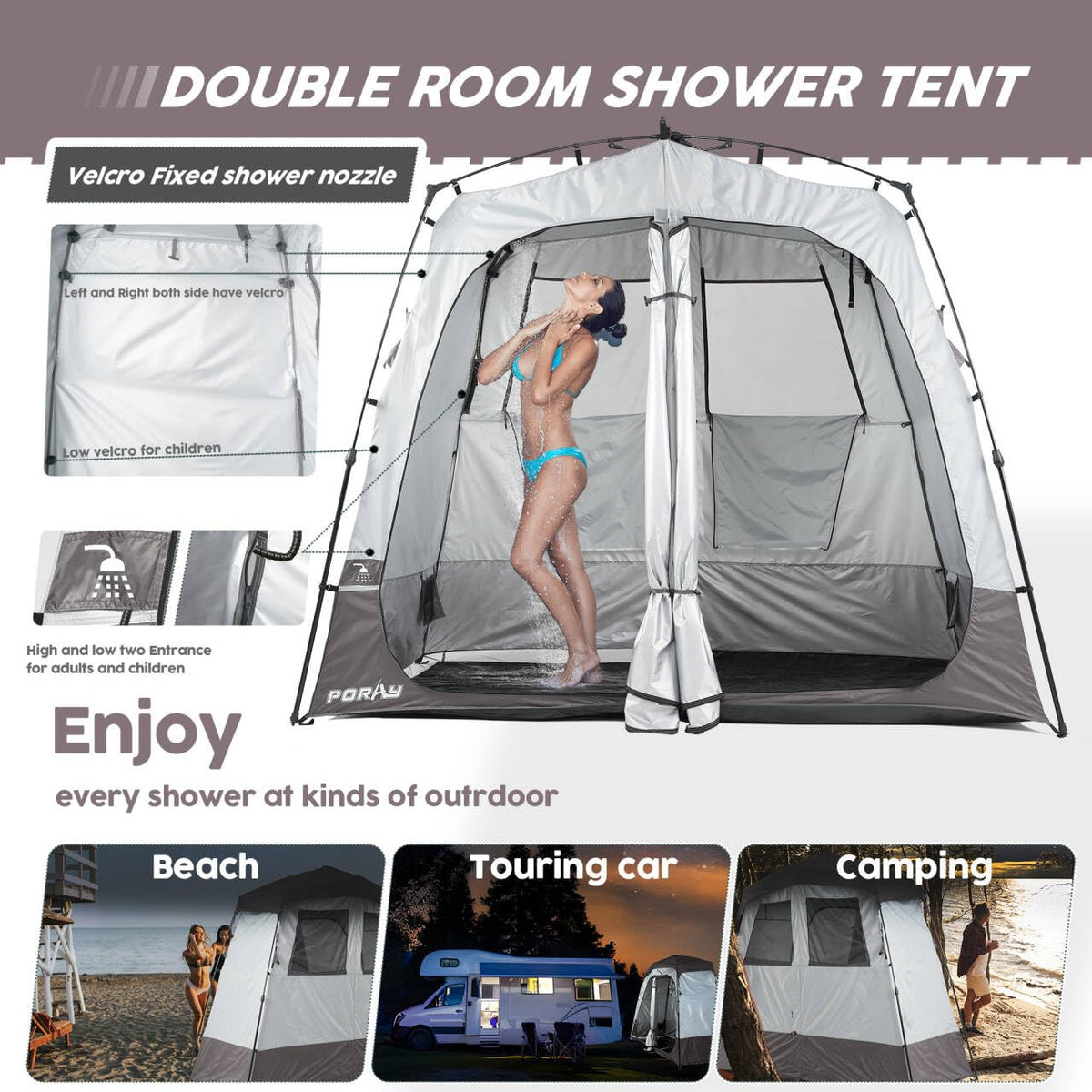 Porayhut Portable Camping Shower Tent Deluxe Changing Room Easy Set Up Privacy Shelter,Large Toilet Tent with Floor Drain Design for Beach, Camping,Hiking with 2 Rooms,Stakes and Ropes for Stability
