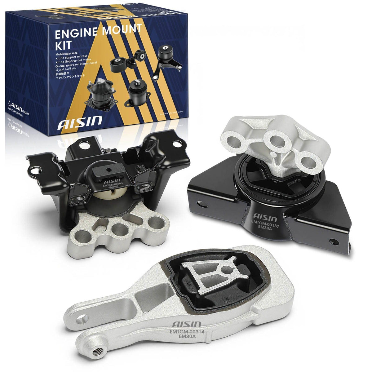 AISIN AFTERMARKET EMTGM-20710 3Pcs Engine Motor & Manual Transmission Mount Set - Compatible with Chevrolet Sonic 2014-2019 - L4 1.4L 1.6L 1.8L