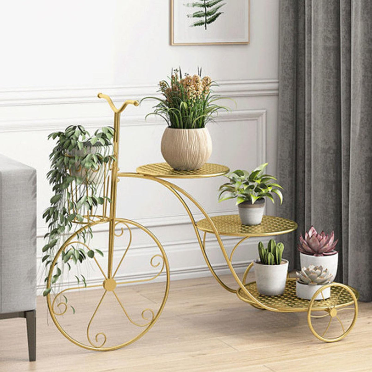 Creative Plant Stand 4 Tier Indoor Metal Flower Shelf for Multiple Plants Corner Tall Flower Holders for Patio Garden Living Room Balcony Bedroom, With 3 Round Pallets