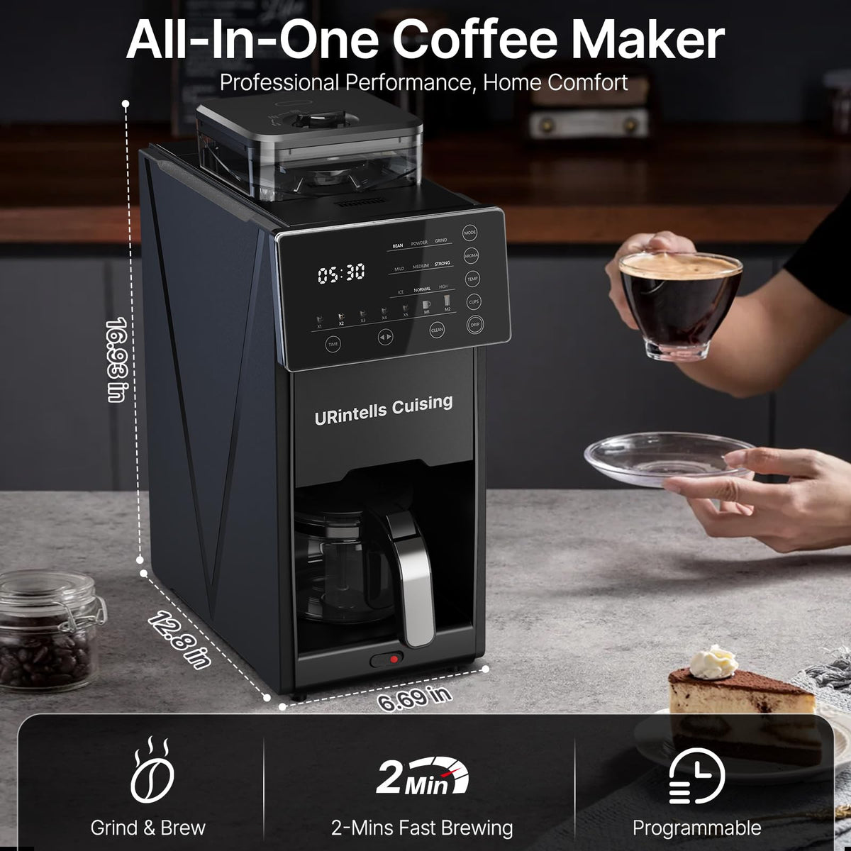 URintells Cuising Coffee Maker with Grinder, 22OZ Drip Coffee Maker with Glass Carafe and Removable Filter, Programmable Hot and Cold Bean to Cup Coffee Machine with Timer, Auto Shut Off