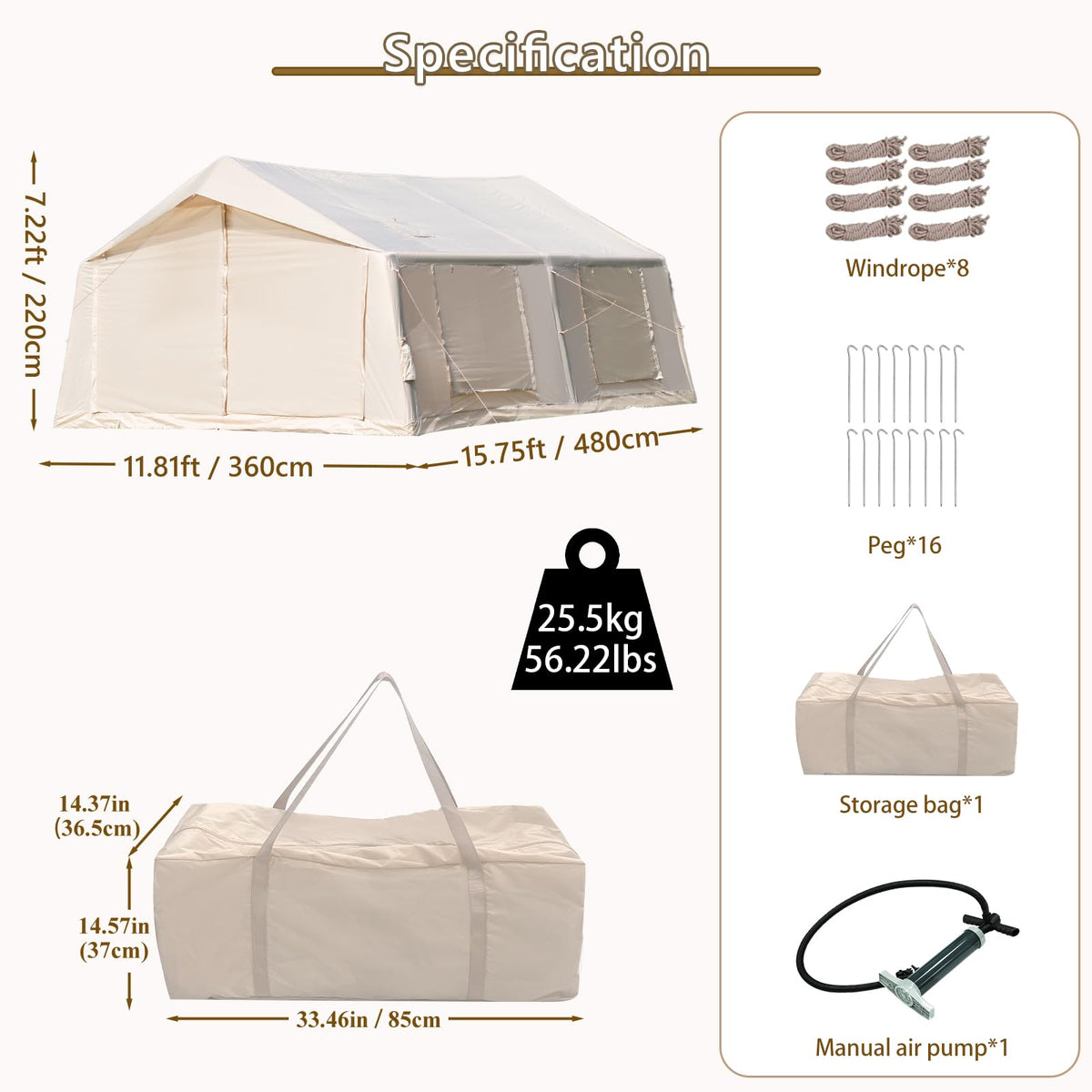 Inflatable Tent for Camping with Rainfly, 8-12 Person Easy Setup Air Tent with 2 Rooms & Hand Pump, 4 Season Glamping Tent with Stove Jack, Large Family House Tent for Outdoor Camping