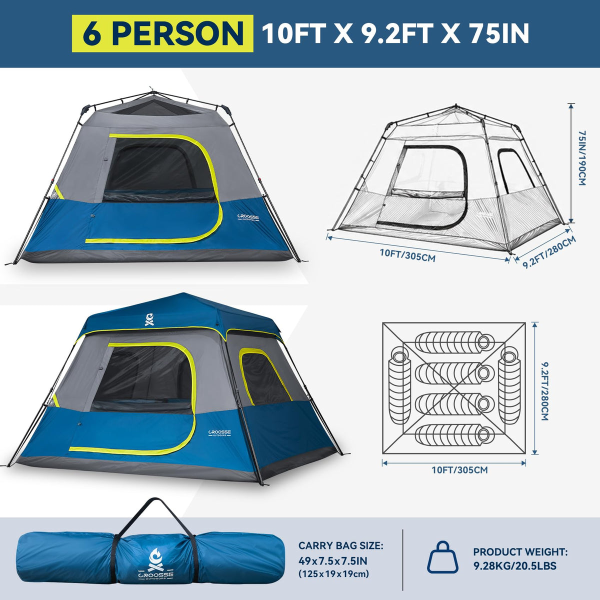 6 Person Instant Cabin Tent, Quick & Easy Setup Automatic Camping Tent, Waterproof Windproof Family Tent with Top Rainfly and Carry Bag, Portable Outdoor Shelter for Hiking & Traveling
