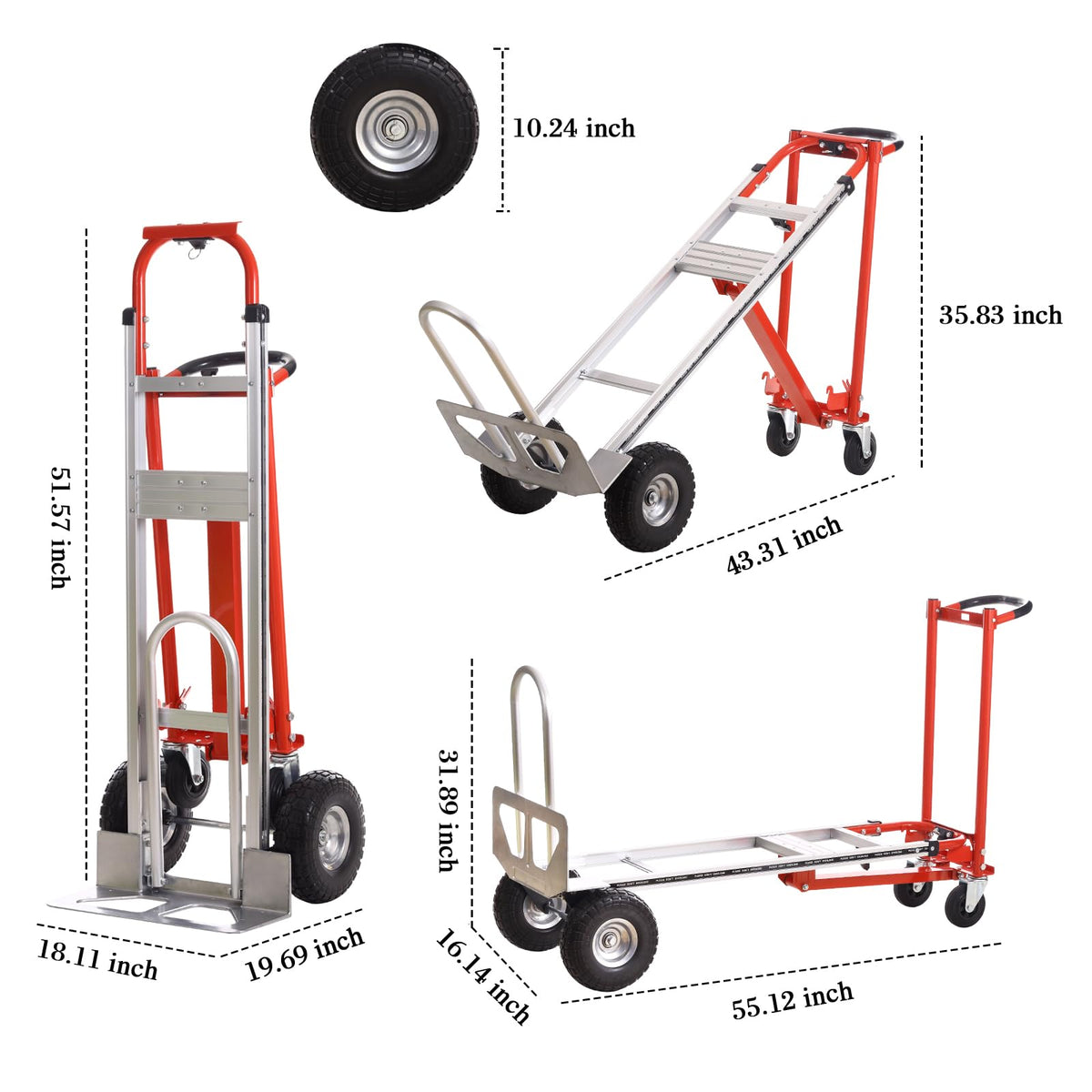3-in-1 Industrial Aluminum Dolly Hand Truck,Convertible Hand Truck Dolly,1000 Lbs Capacity Hand Trucks Heavy Duty with PU Solid Wheels and Cargo Straps for Moving and Transport (red)