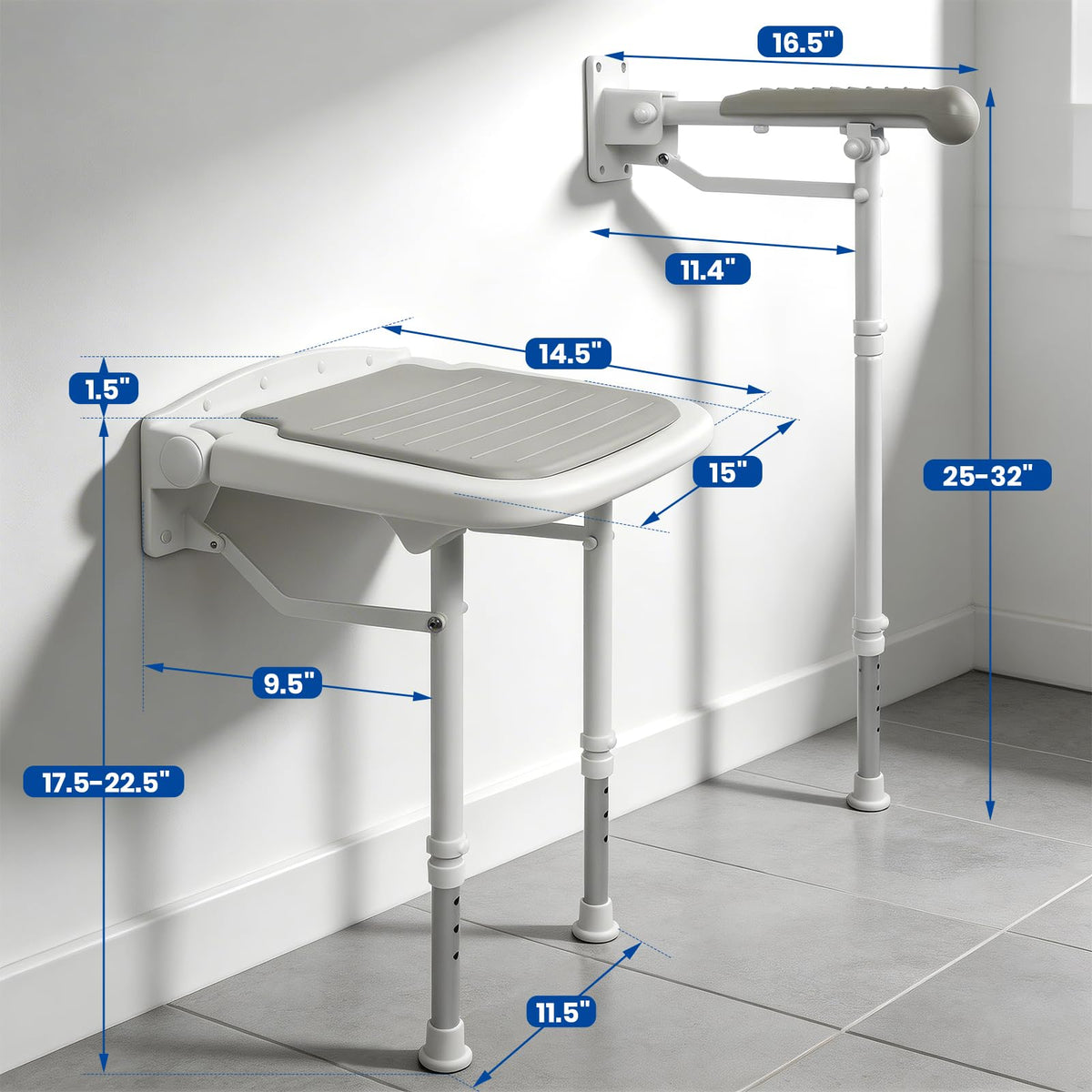 Caredear Folding Shower Seat with Adjustable PU Grab Bar, 550lbs Heavy Duty Fold Down Bath Bench with Legs, Non-Slip Comfort Grip and Removable Cushion, Wall Mounted Chairs for Seniors